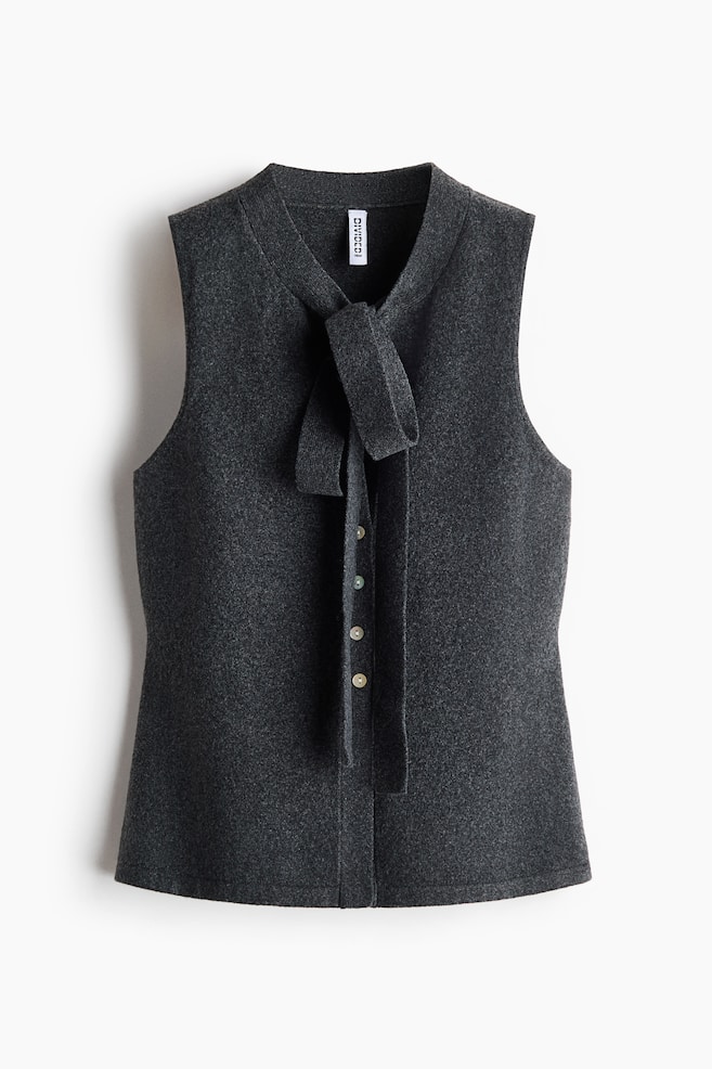 Knit Bow-Collar Top - Dark gray melange/Light dusty purple - 1
