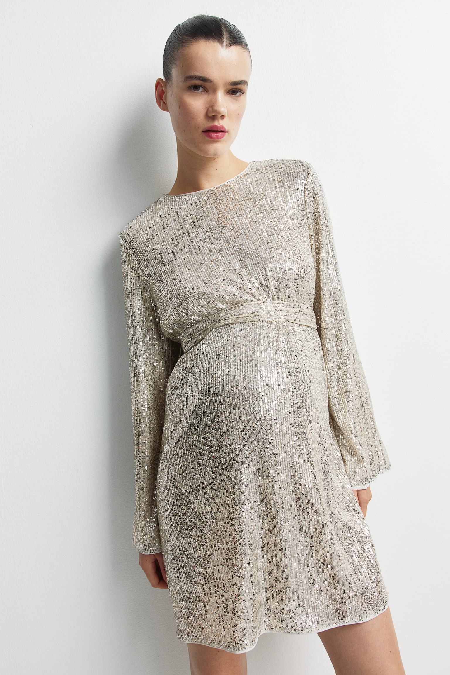 MAMA Sequined tie-belt dress - Light beige/Silver-coloured/Black - 1