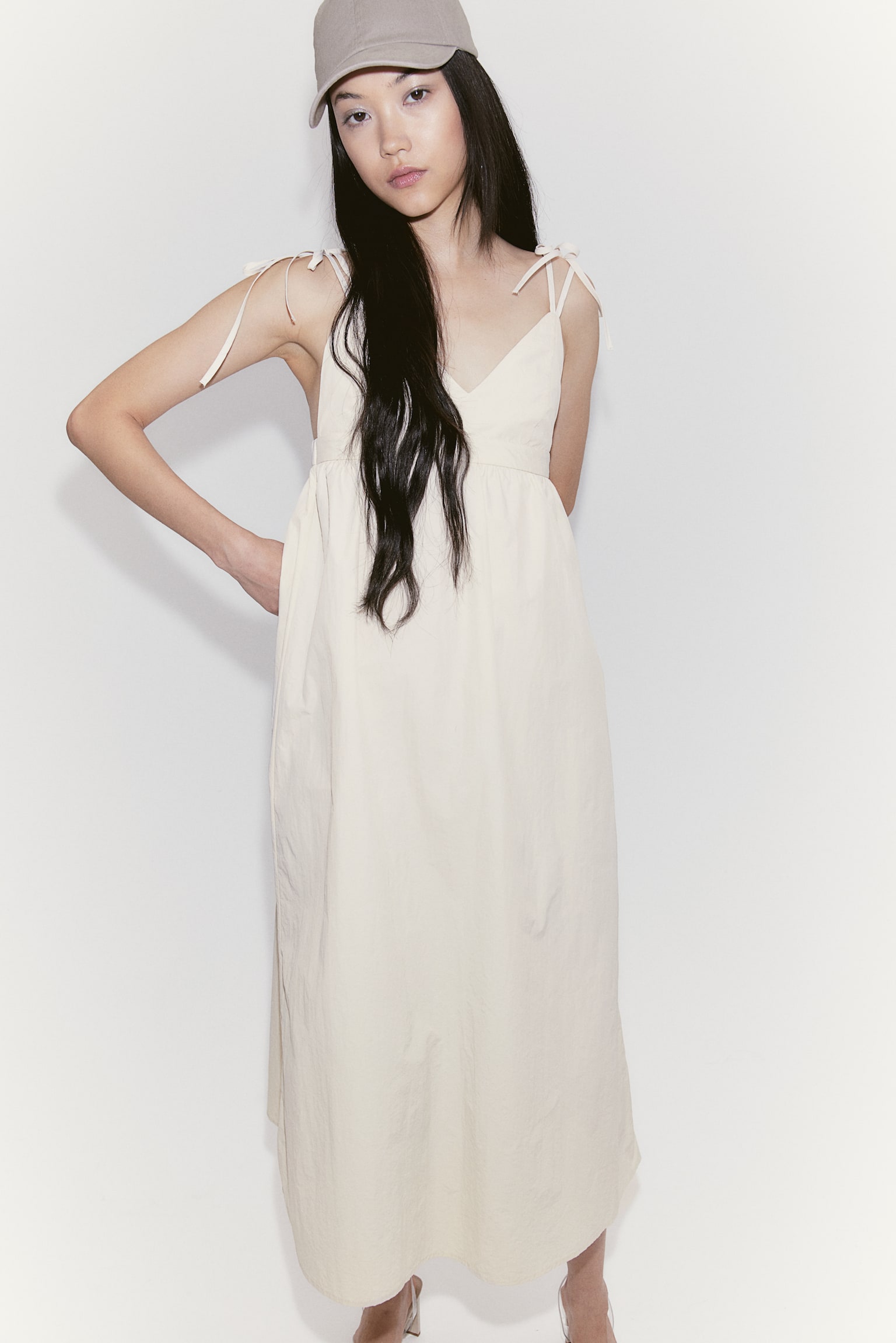 Tie-strap nylon dress - Light beige/Black - 1