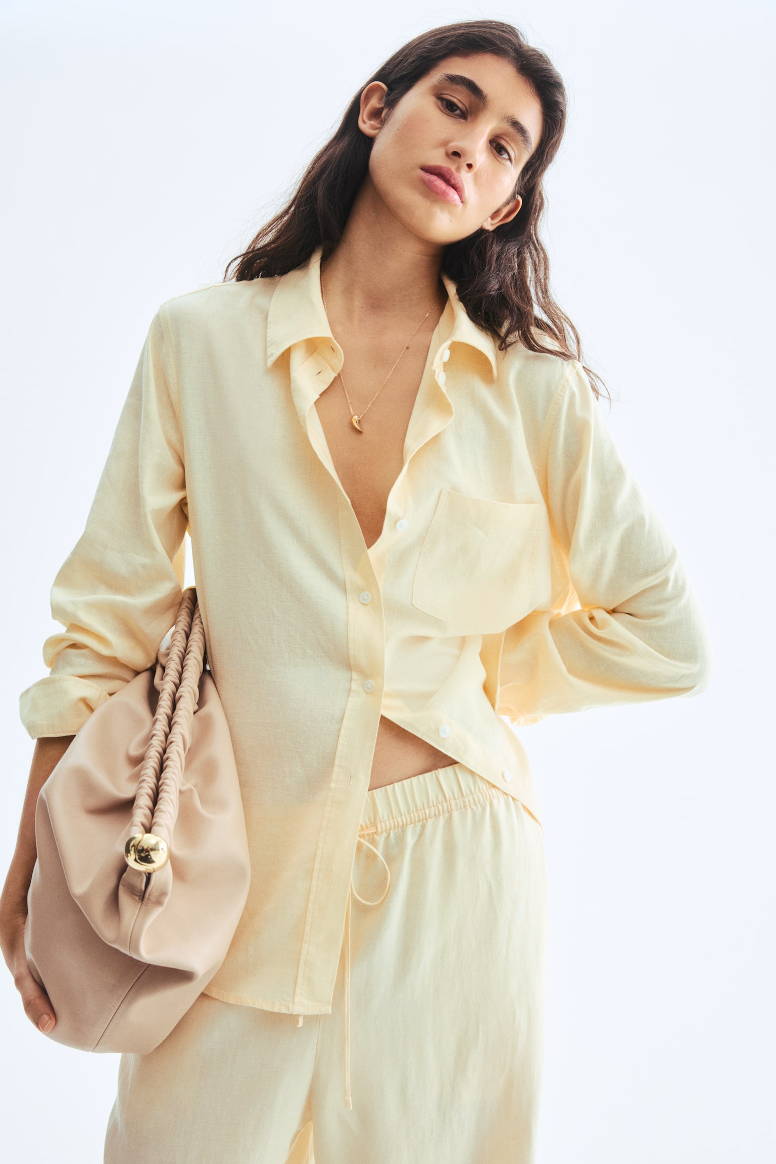 亞麻混紡長褲 - 淺黃色/亮紅色/白色/條紋 - 3