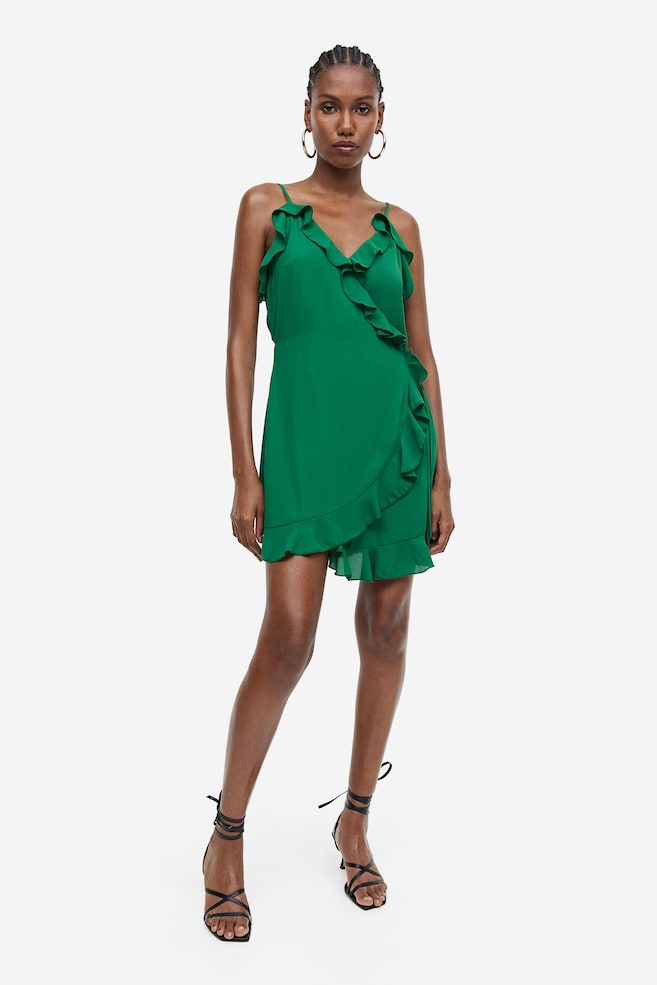 Flounce-trimmed wrap dress - Dark green/Turquoise/Patterned - 1