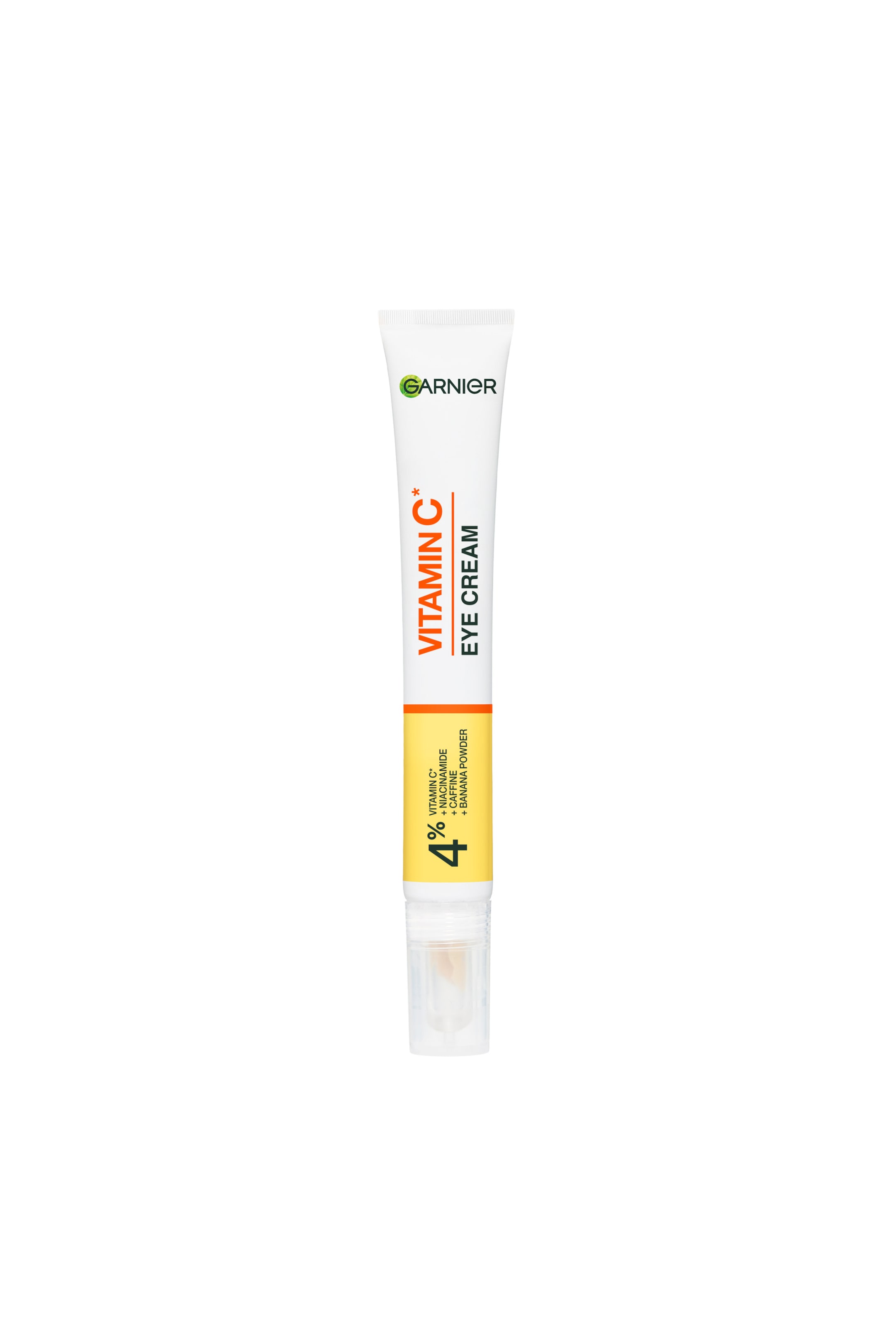 Visa större bild: Garnier Vitamin C Eye Cream står upprätt och visar sin frontvända vita tubdesign med ett transparent plastlock vid basen. Tuben har djärv orange och svart text för "VITAMIN C* EYE CREAM" ovanför ett gult band som lyfter fram formulan "4% Vitamin C* + Niacinamide + Caffeine + Banana Powder".