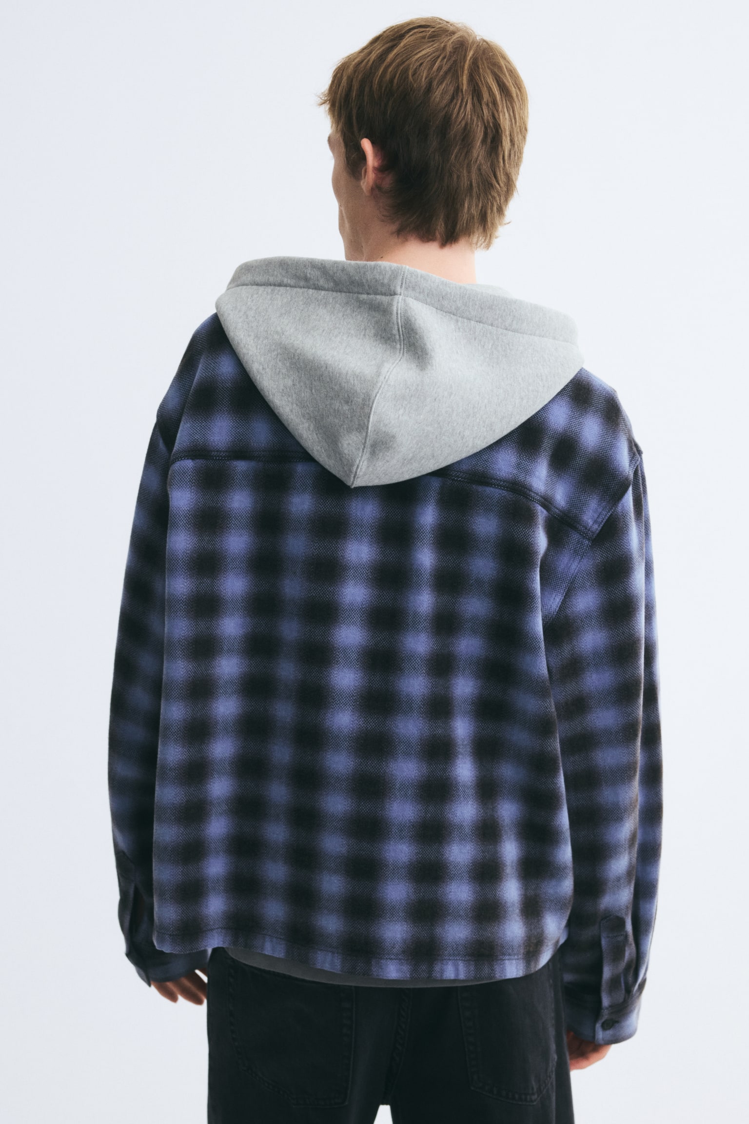 Мужская рубашка H&M Hooded Overshirt, цвет: Тёмный синий / Клетчатый — фото 5