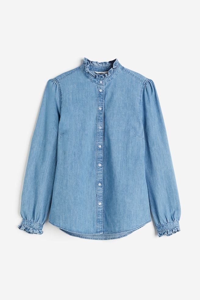 Frill-trimmed denim blouse - Light denim blue - 2