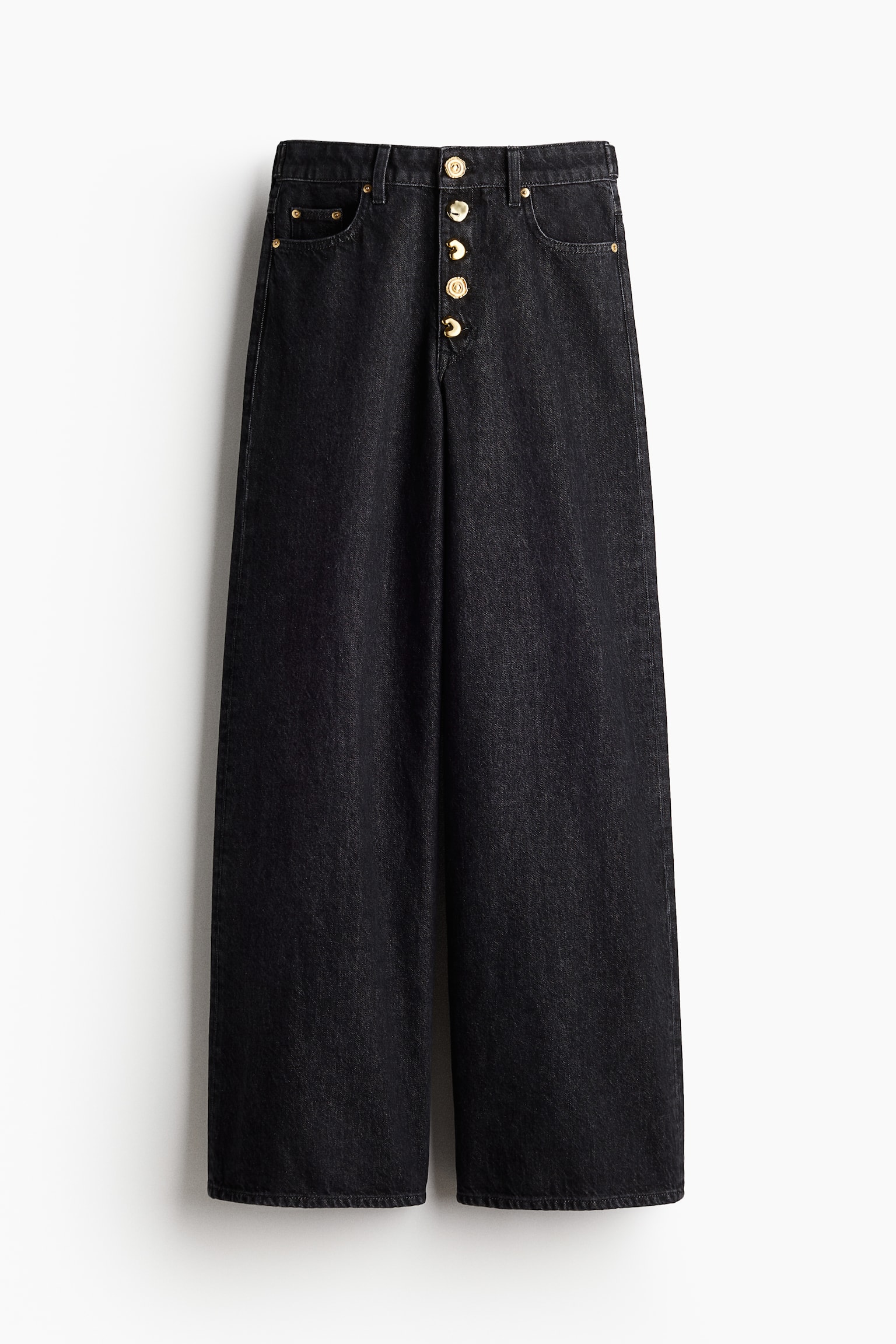 Wide Statement Button Jeans - Black - 2