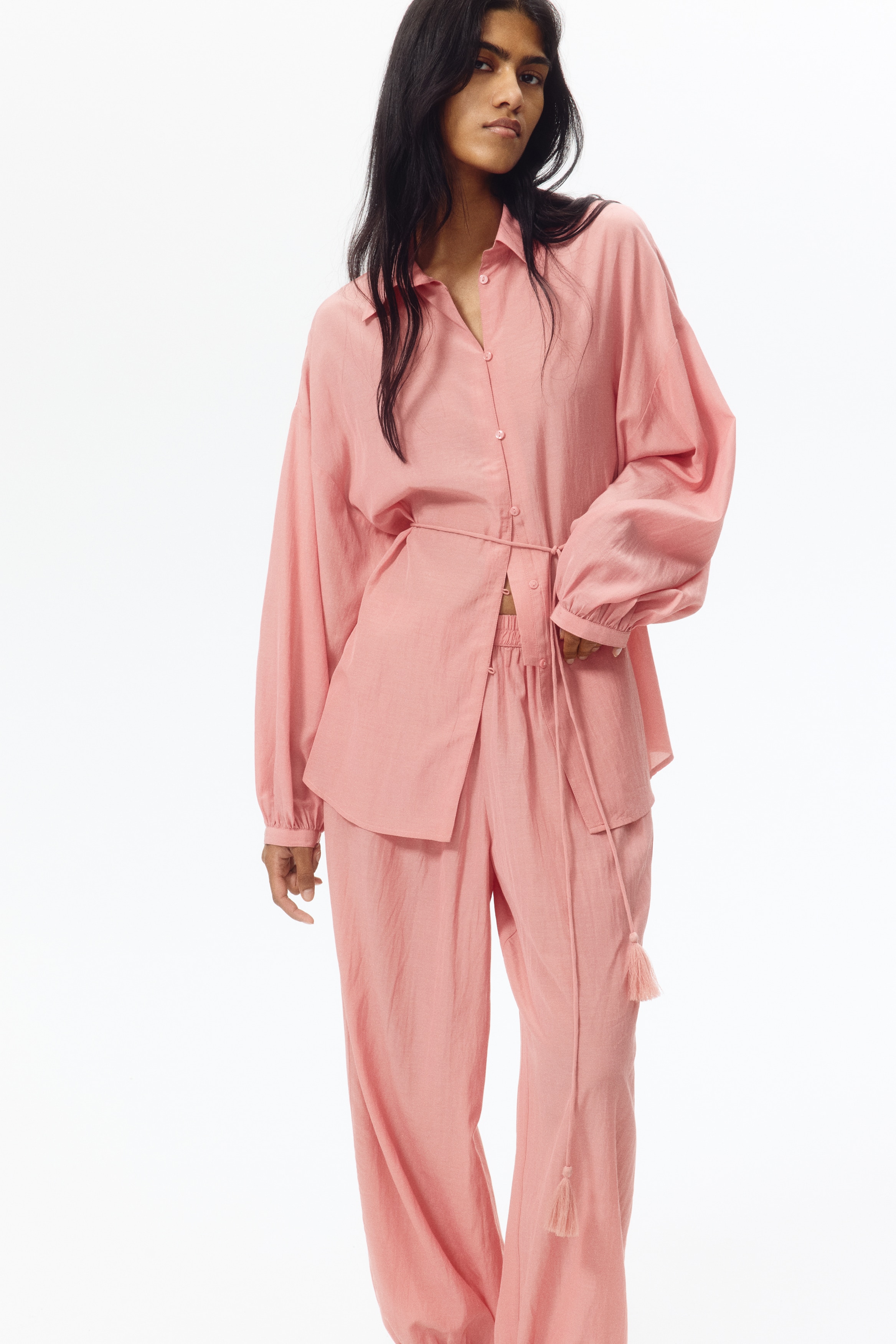 Viscose-blend tie-belt shirt - Dusty pink