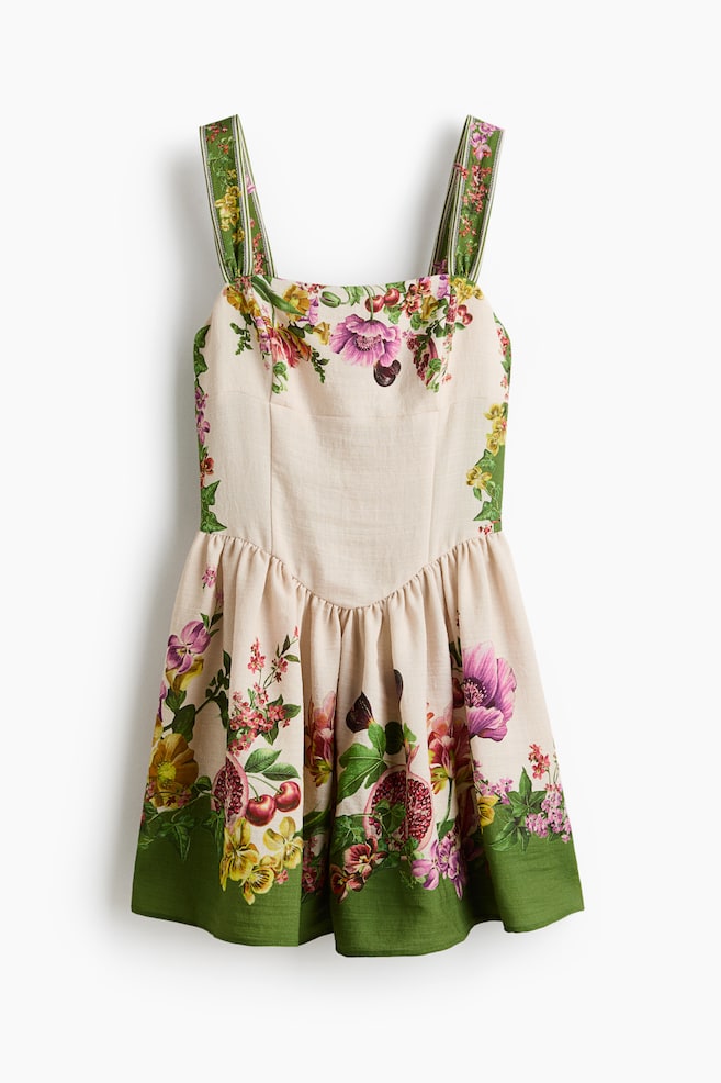Ausgestelltes Kleid - Hellbeige/Geblümt/Denimblau/Marineblau/Geblümt - 1