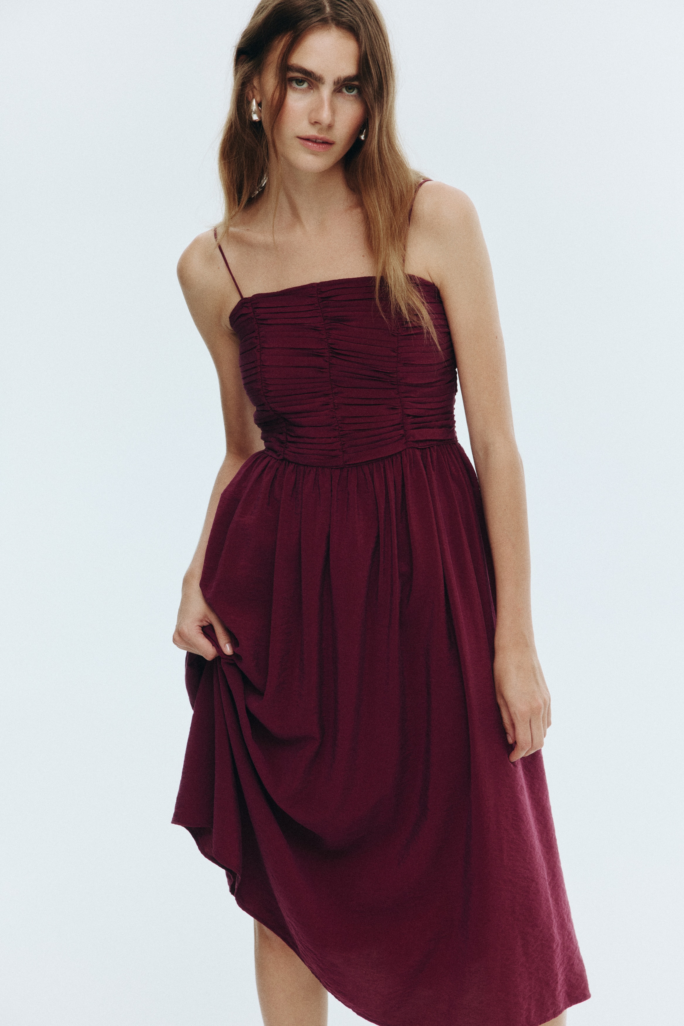 Smocked-Bodice Strappy Dress - Burgundy