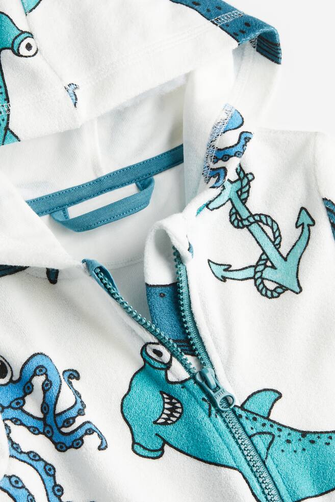 Printed terry dressing gown - White/Sea creatures/Dark blue/Striped - 2