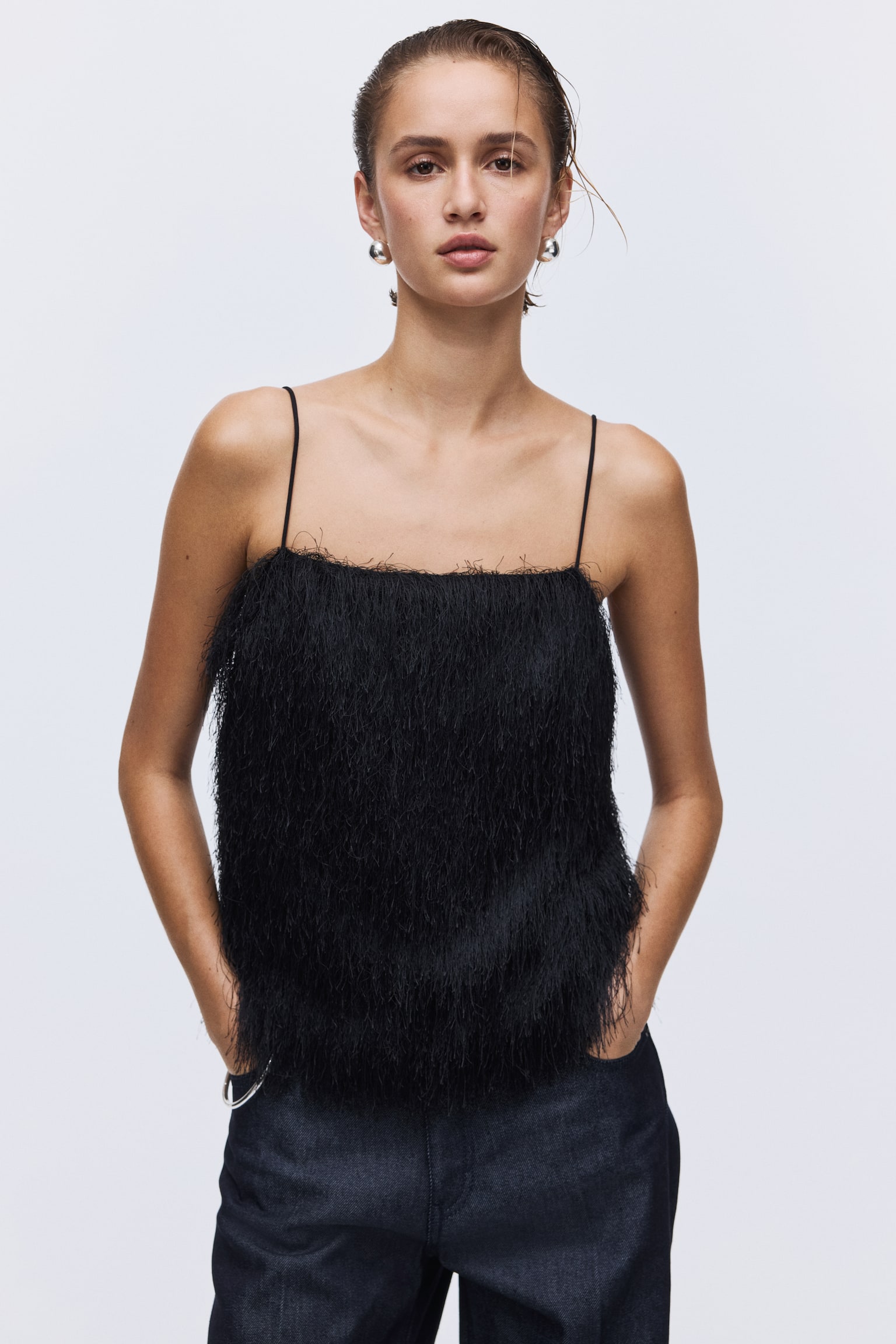 Fringed strappy top - Black/Cream/Golden olive - 3