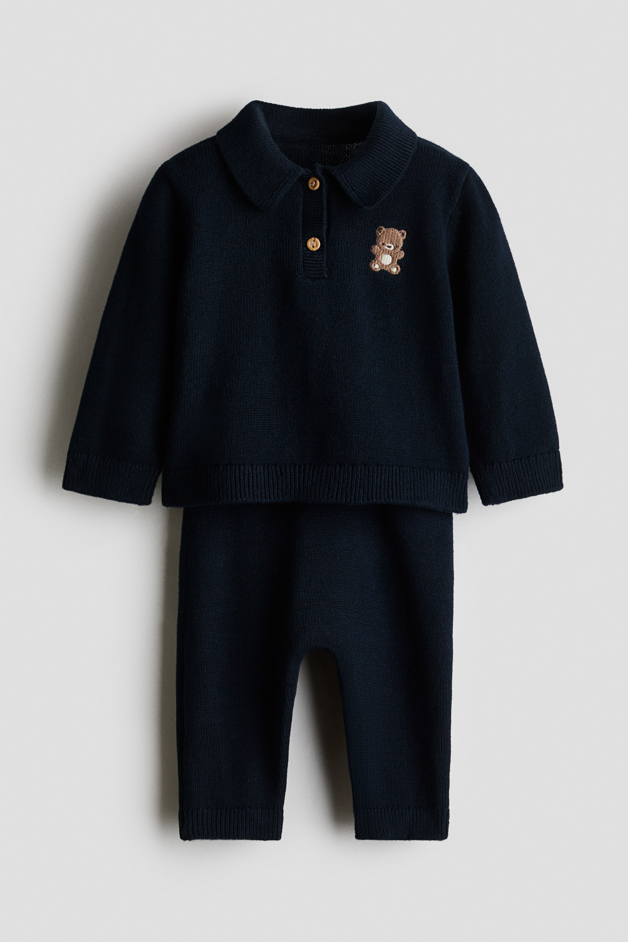 View larger image: 2-piece cotton-knit set - Navy blue/Teddy bear - Kids | H&M 1