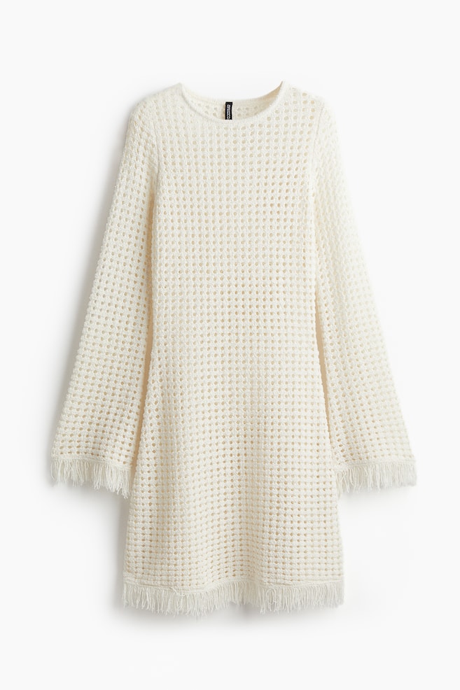 Abito in maglia traforata con frange - Crema - 1
