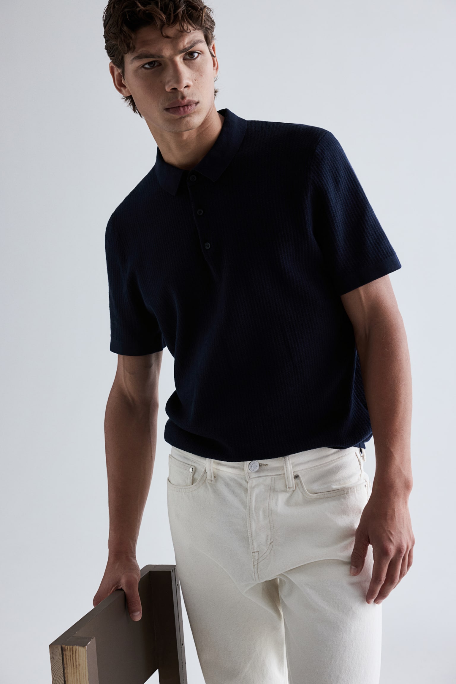 Slim Fit Textured Polo Shirt - Navy blue/Cream/Dark brown - 7