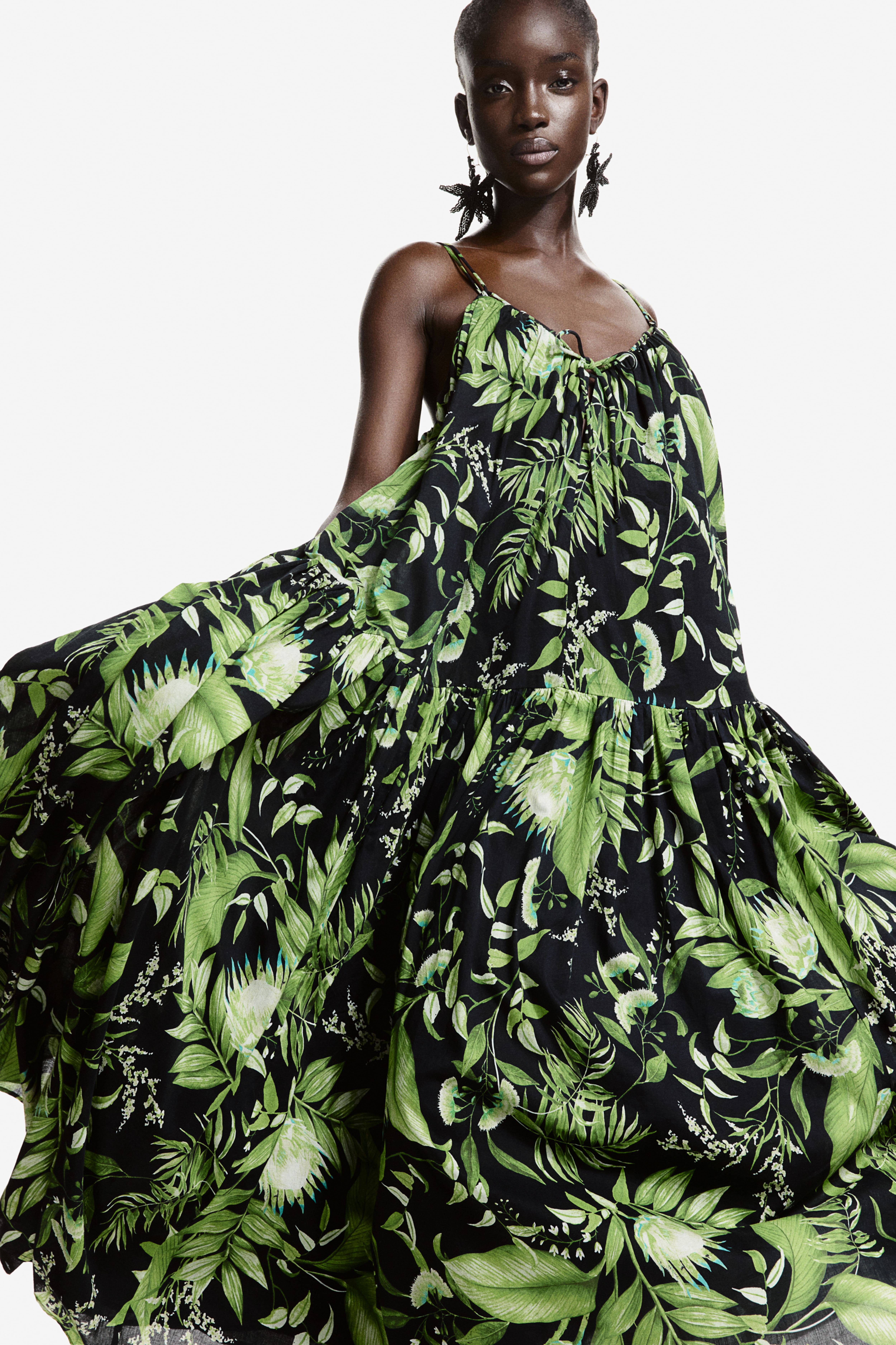 A-line Maxi Dress - V-neck - Sleeveless - Green/patterned - Ladies | H&M US