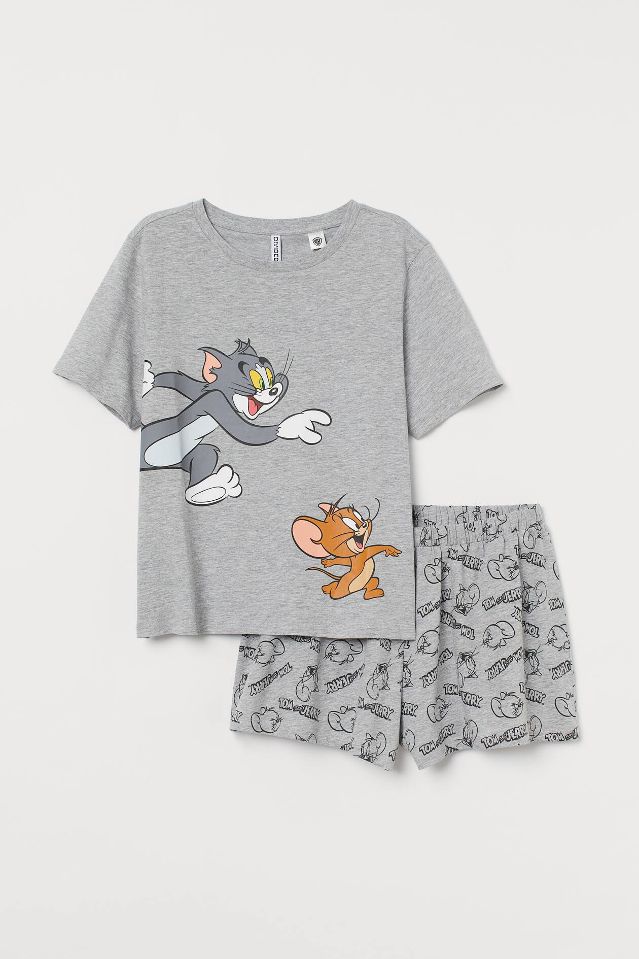 Pyjama T-shirt and shorts Light grey marl/Tom and Jerry Ladies H&M IN