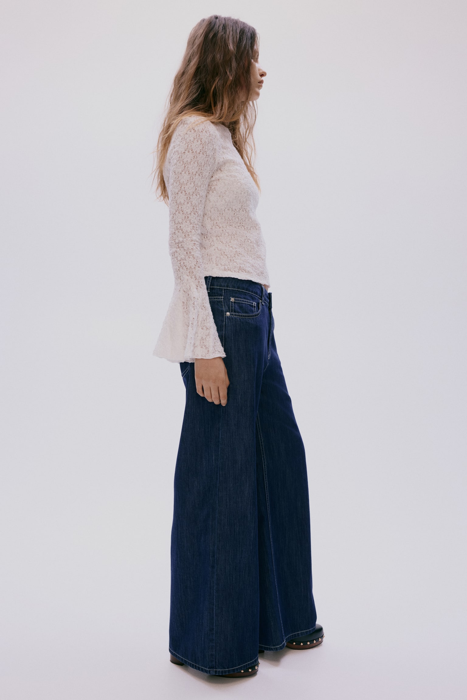 Wide Regular Waist Jeans - כחול ג'ינס כהה/אפור/כחול ג'ינס - 4