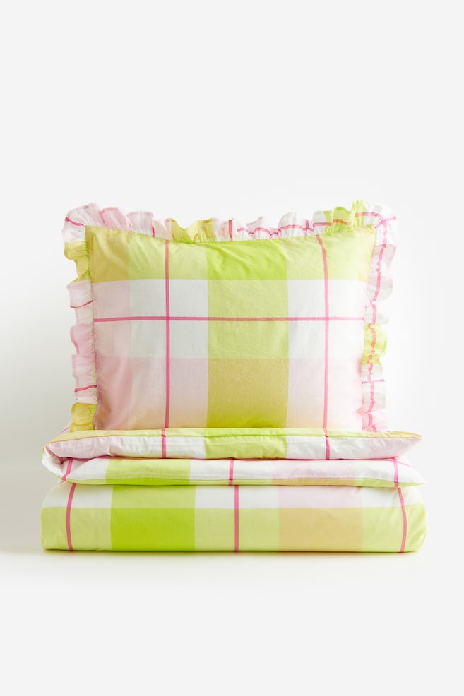 Washed cotton single duvet cover set - Lime green/Checked - 3
