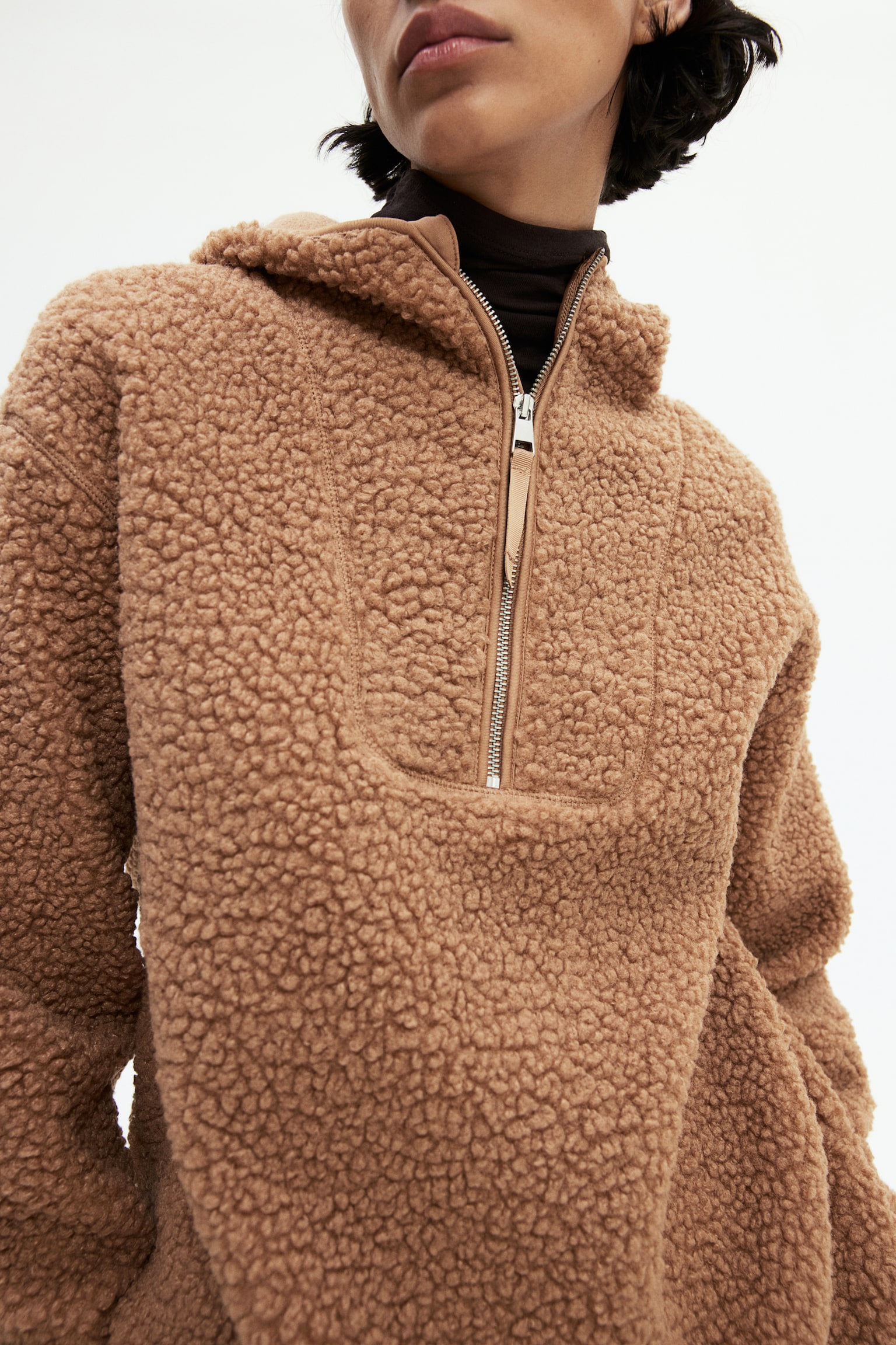 Oversized huvtröja i fleece - Mörkbeige/Svart/Crèmevit - 3