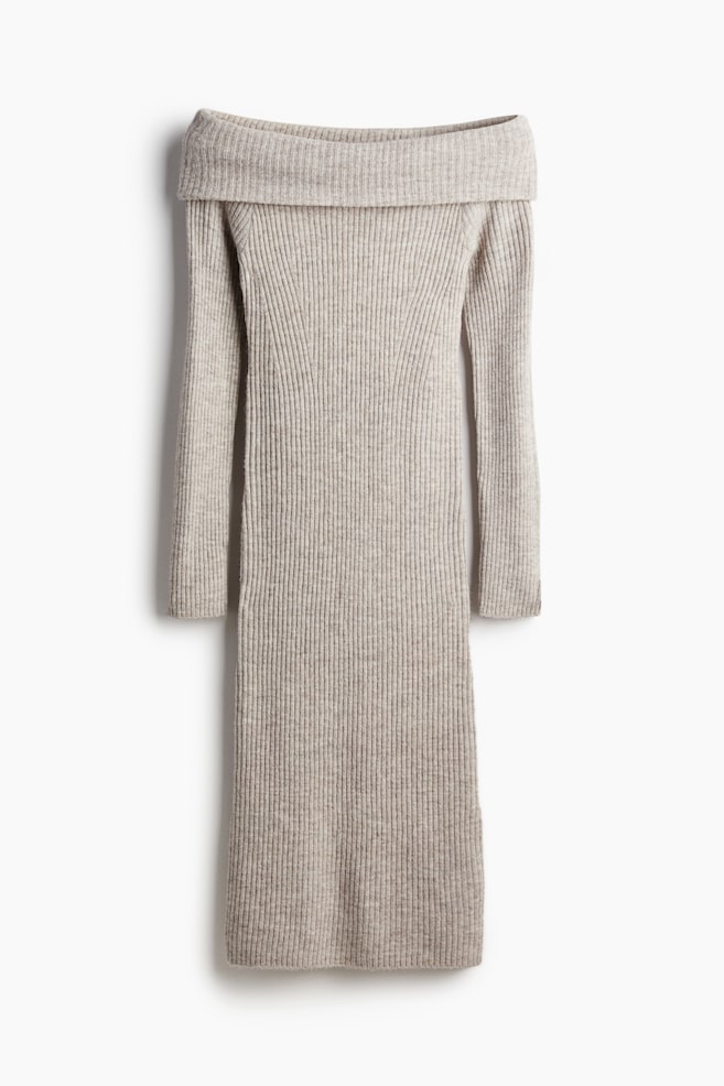 Rib-knit off-the-shoulder dress - Beige marl/Dark grey marl/White - 1