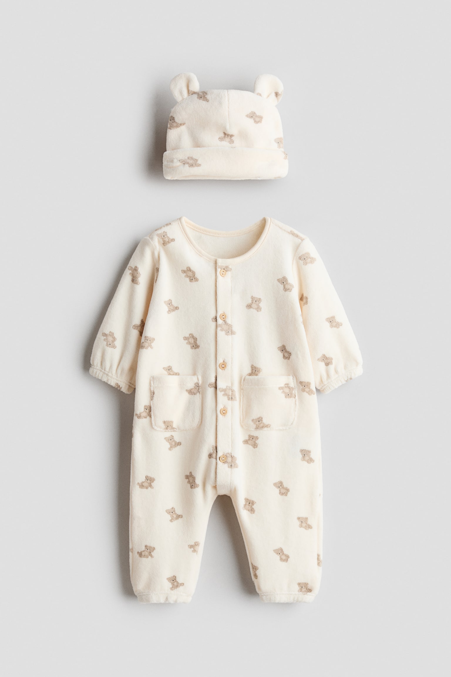 2-Piece Cotton Velour Set - Light beige/teddy bears