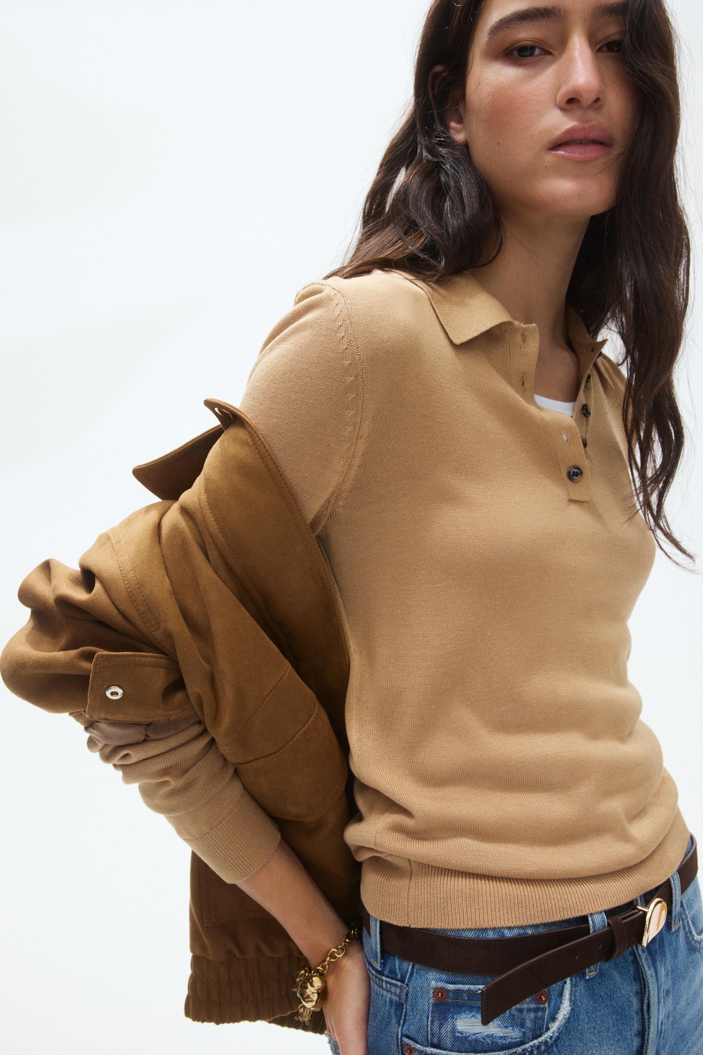 Fine Knit Polo Shirt-Beige