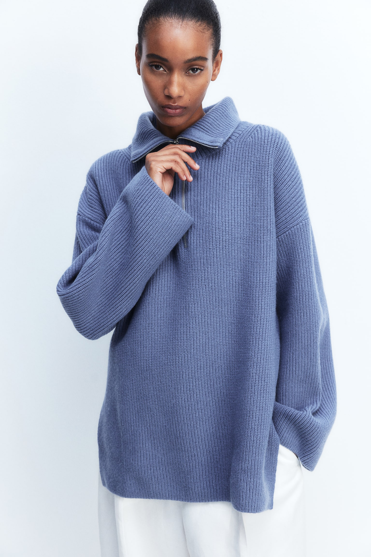 Zip-top rib-knit jumper - Pigeon blue/Brown/Black/Striped/Light beige marl/Grey marl/Navy blue - 6