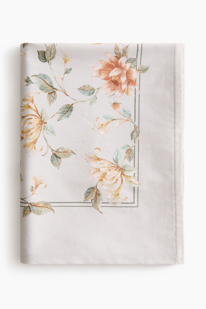 Grande nappe fleurie en twill de coton - Grège clair/fleuri - 1