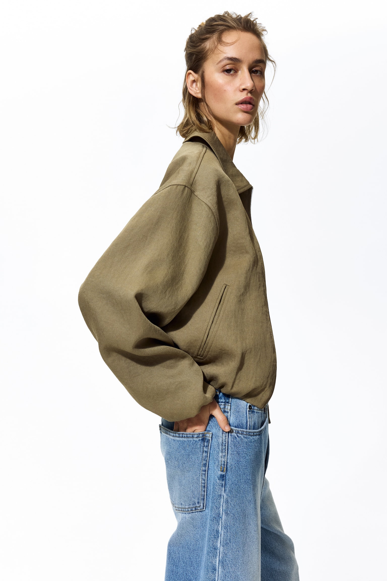 Oversized bubble-hem jacket - Khaki green/Beige/Leopard print/Dark rust brown - 3