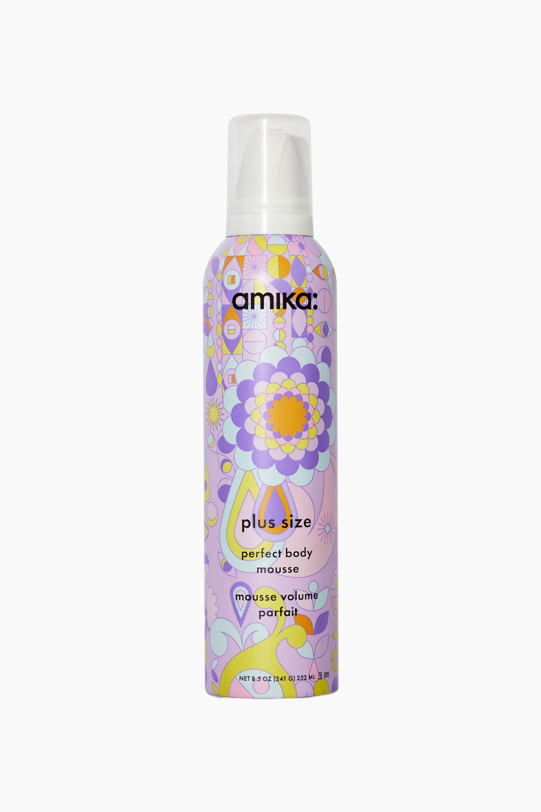 Visa större bild: amika Plus Size Perfect Body Mousse står upprätt och vänd framåt och visar upp en färgstark cylindrisk aerosolförpackning dekorerad med ett psykedeliskt blommönster i nyanser av lavendel, gult och orange. Flaskan har ett genomskinligt plastlock upptill och visar varumärkesnamnet "amika" tillsammans med produktdetaljer i svart text.