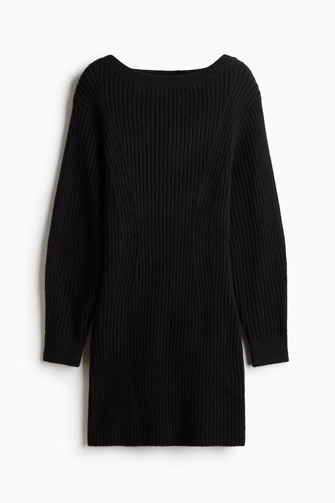 Abito in maglia a coste con scollo a barca - Nero/Grigio mélange - 1