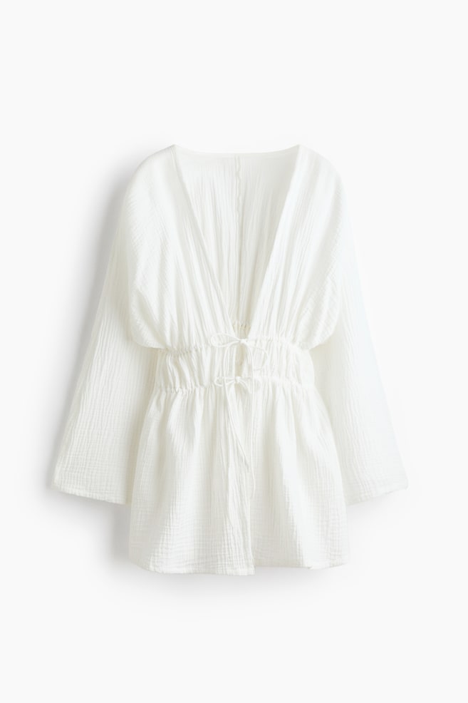 Cotton muslin beach kaftan - White/Yellow - 1