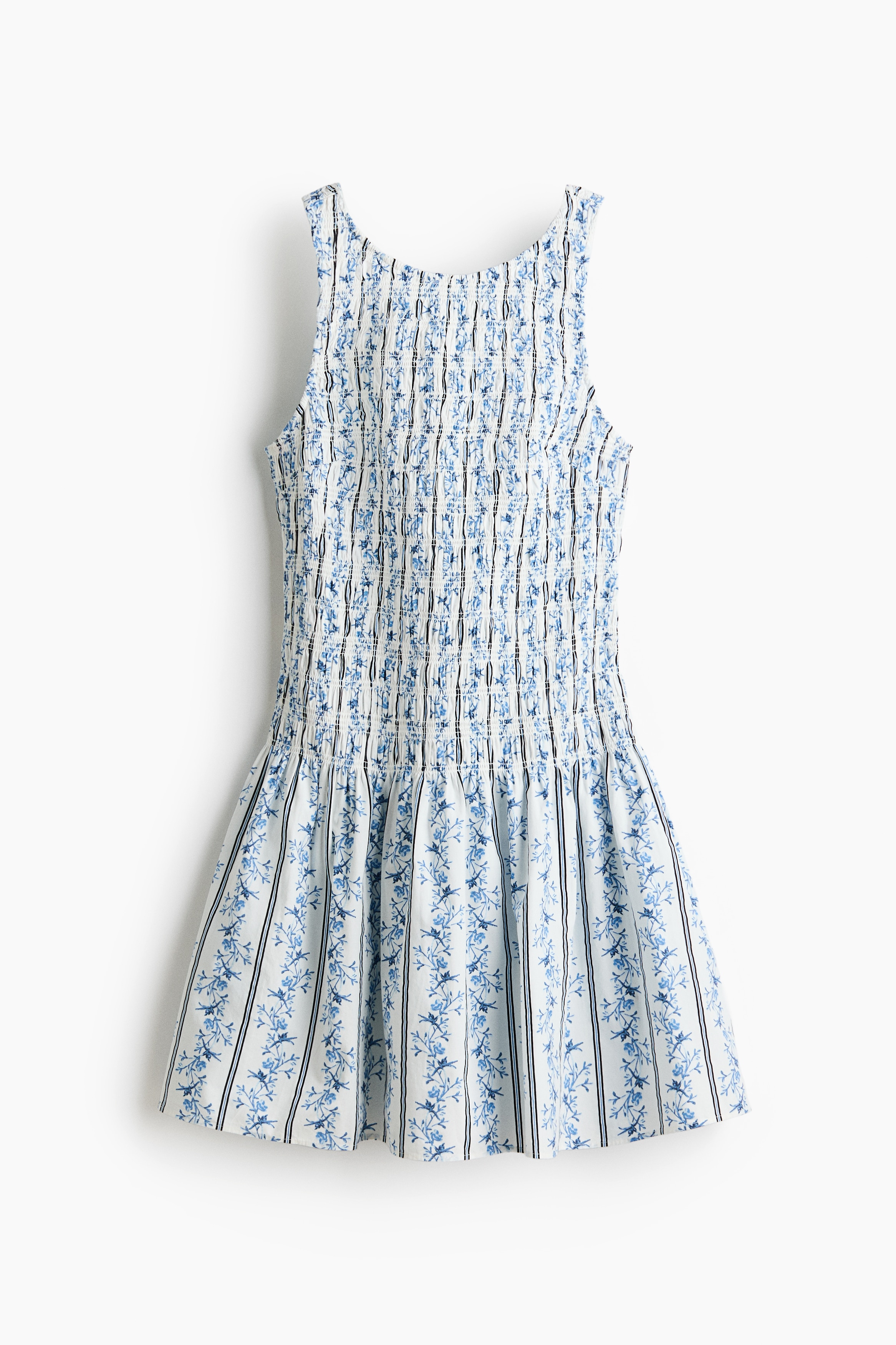 Smocked cotton dress - White/Blue floral/Black