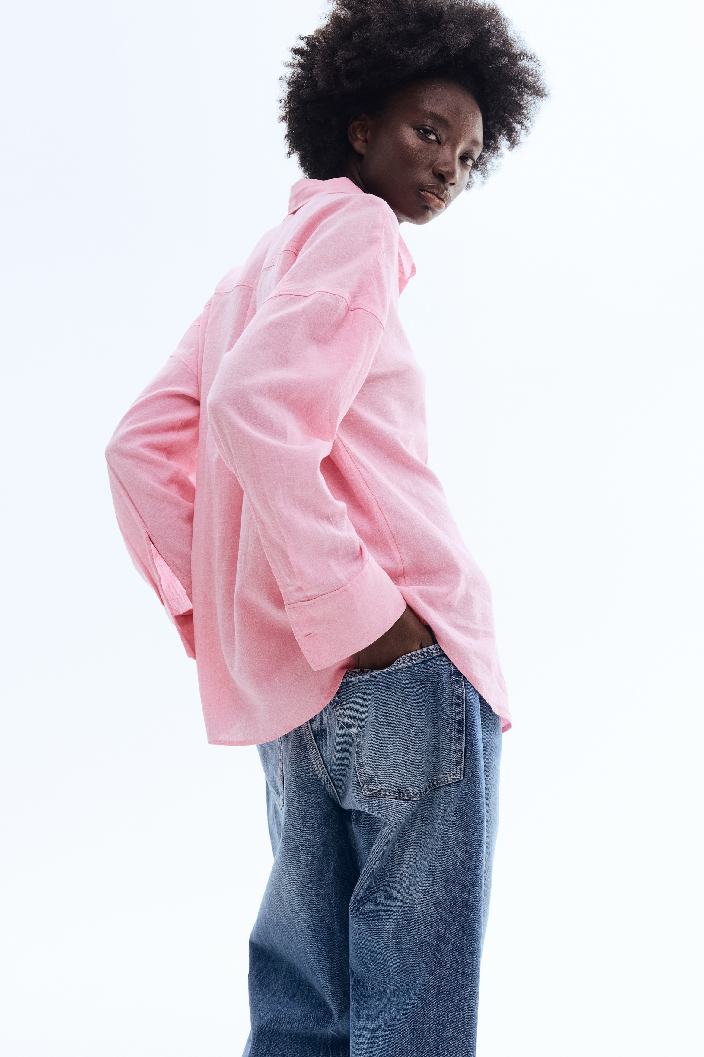 Chemise oversize en lin mélangé - Rose clair/Bleu/rayé/Bleu/Vert