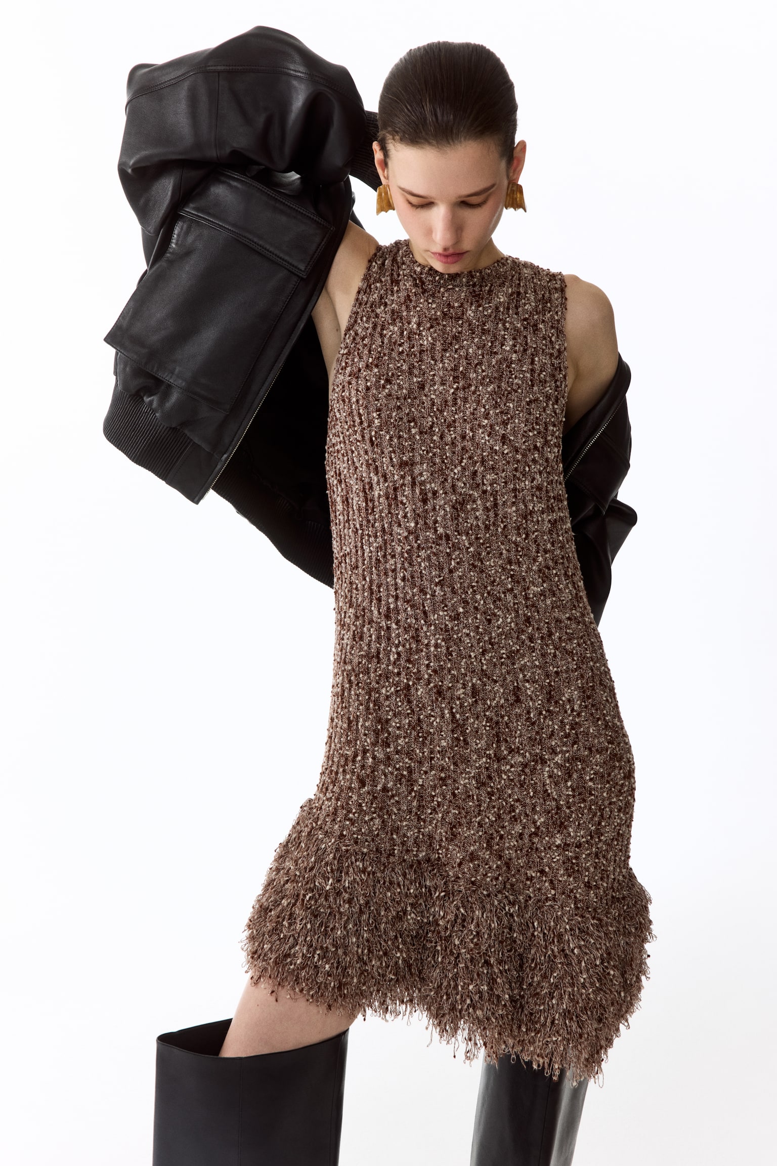 Fringed dress - Brown/Light beige marl - 1