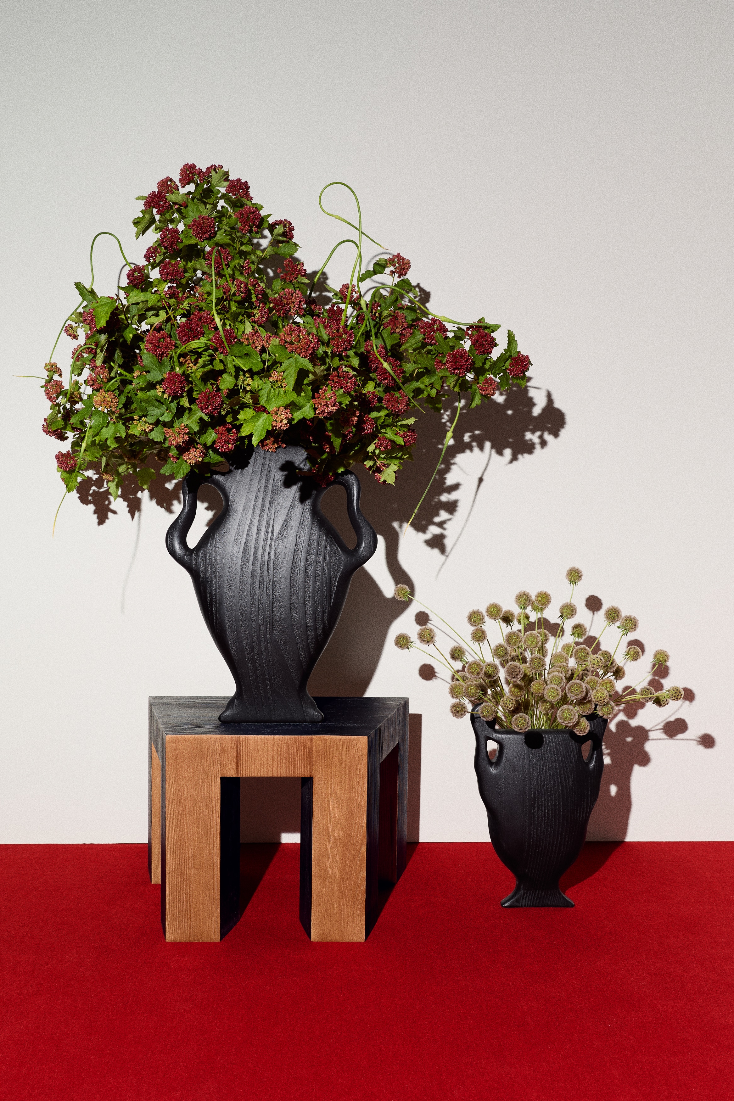 En svart vase presenterer sin front, med en flat amfora-lignende silhuett og en smal rektangulær base. To organiske formede håndtak bøyer seg fra den øvre delen av kroppen til den distinkte, subtilt hakkede toppkanten, og overflaten viser en markant vertikal trestruktur.