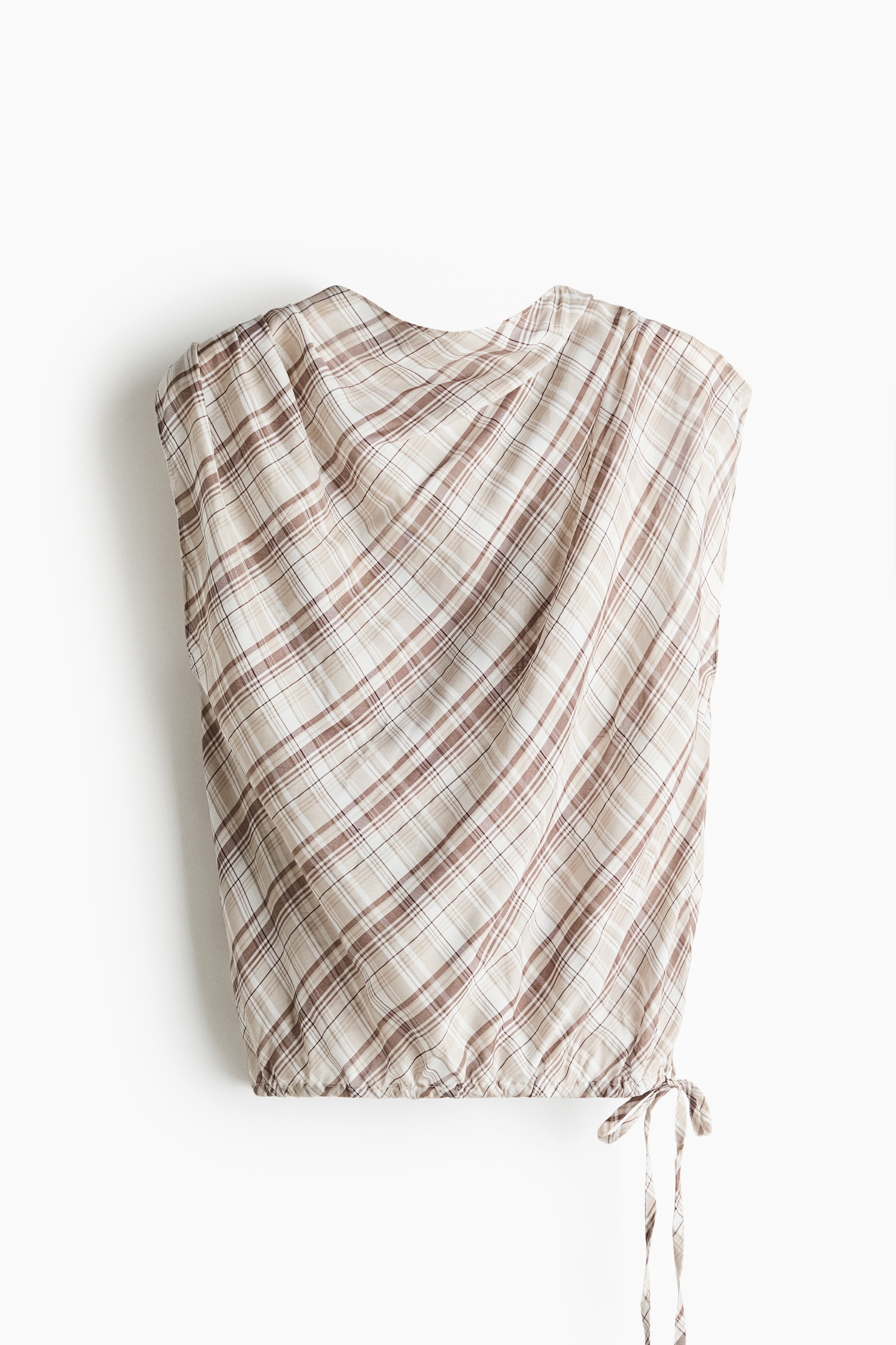 Cowl-Neck Drawstring Top - Beige/plaid