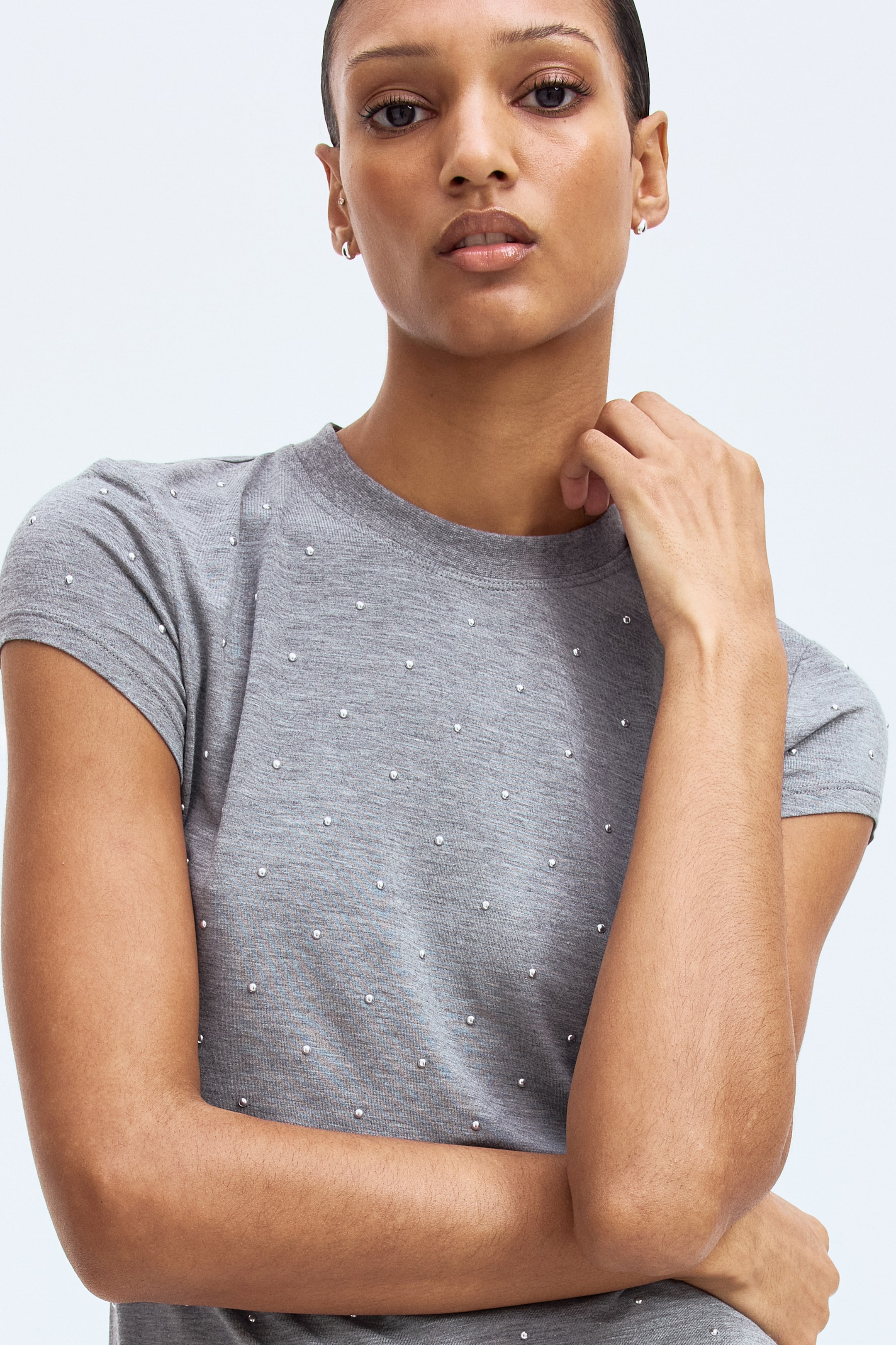 View larger image: Metal-Detail T-Shirt - Gray melange - Ladies | H&M US 1