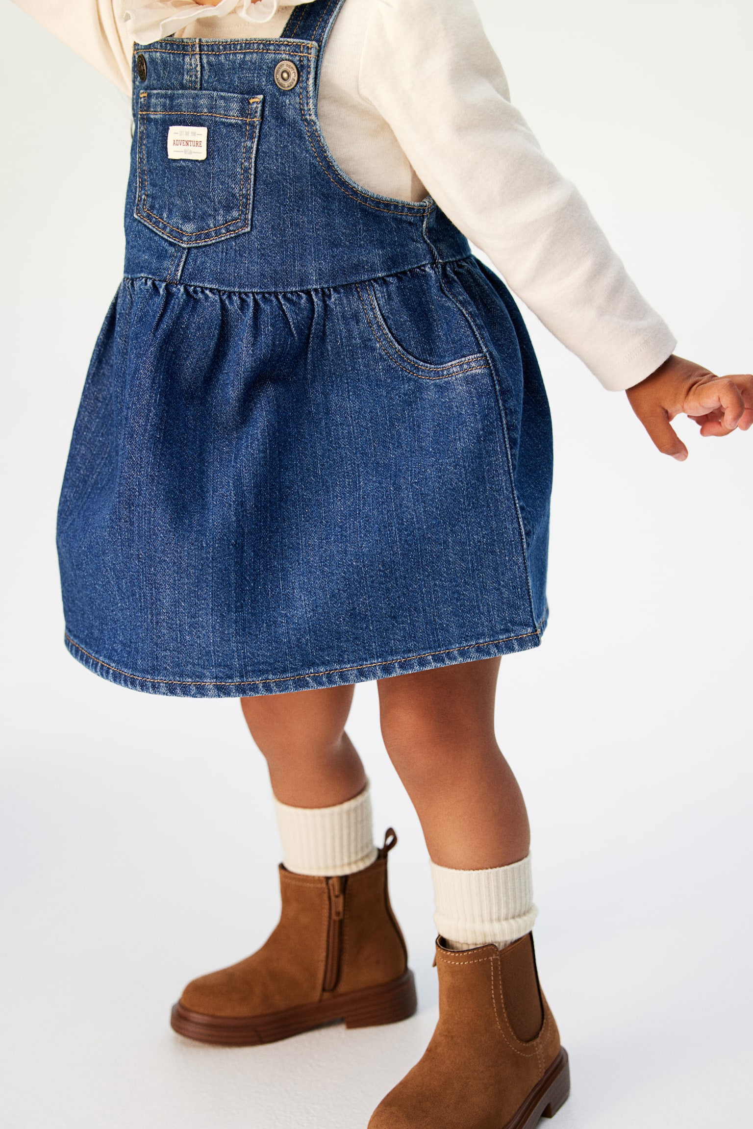 Cotton dungaree dress - Denim blue/Beige - 6