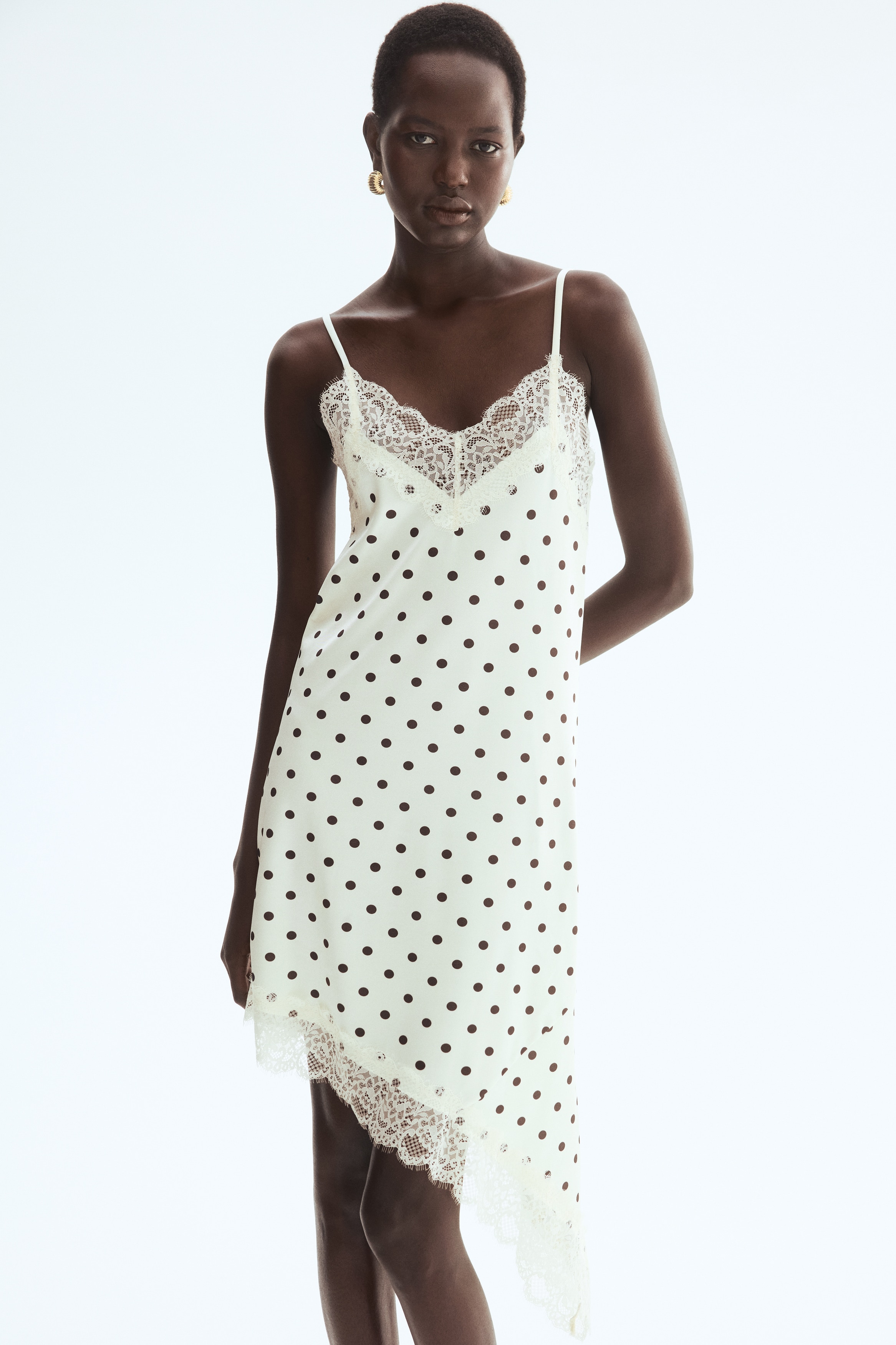 Lace-trimmed slip dress - Κρεμ/πουά