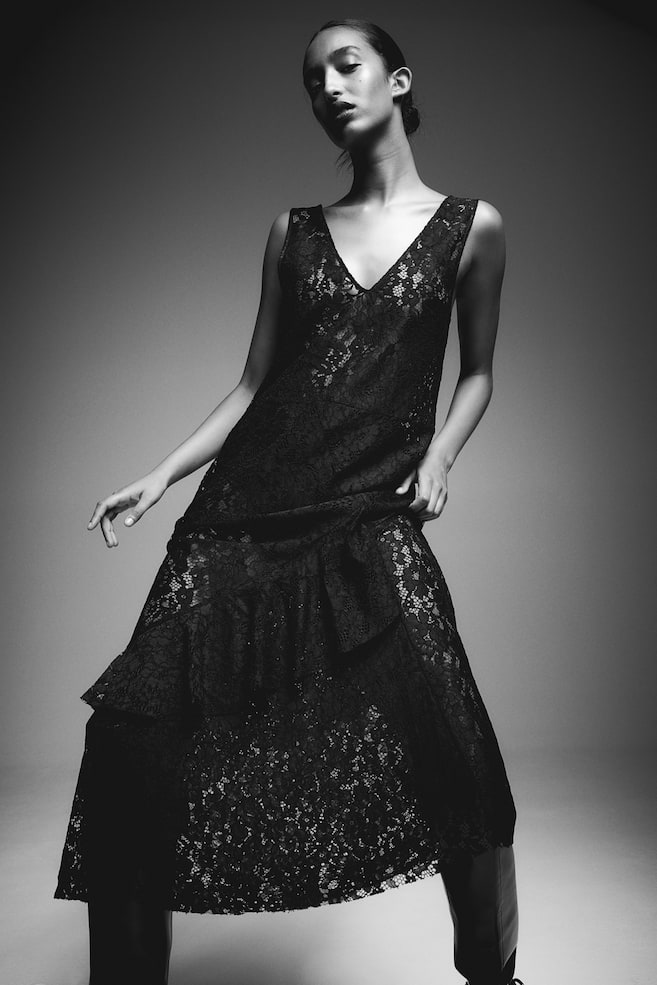Flounced lace dress - Black - 4