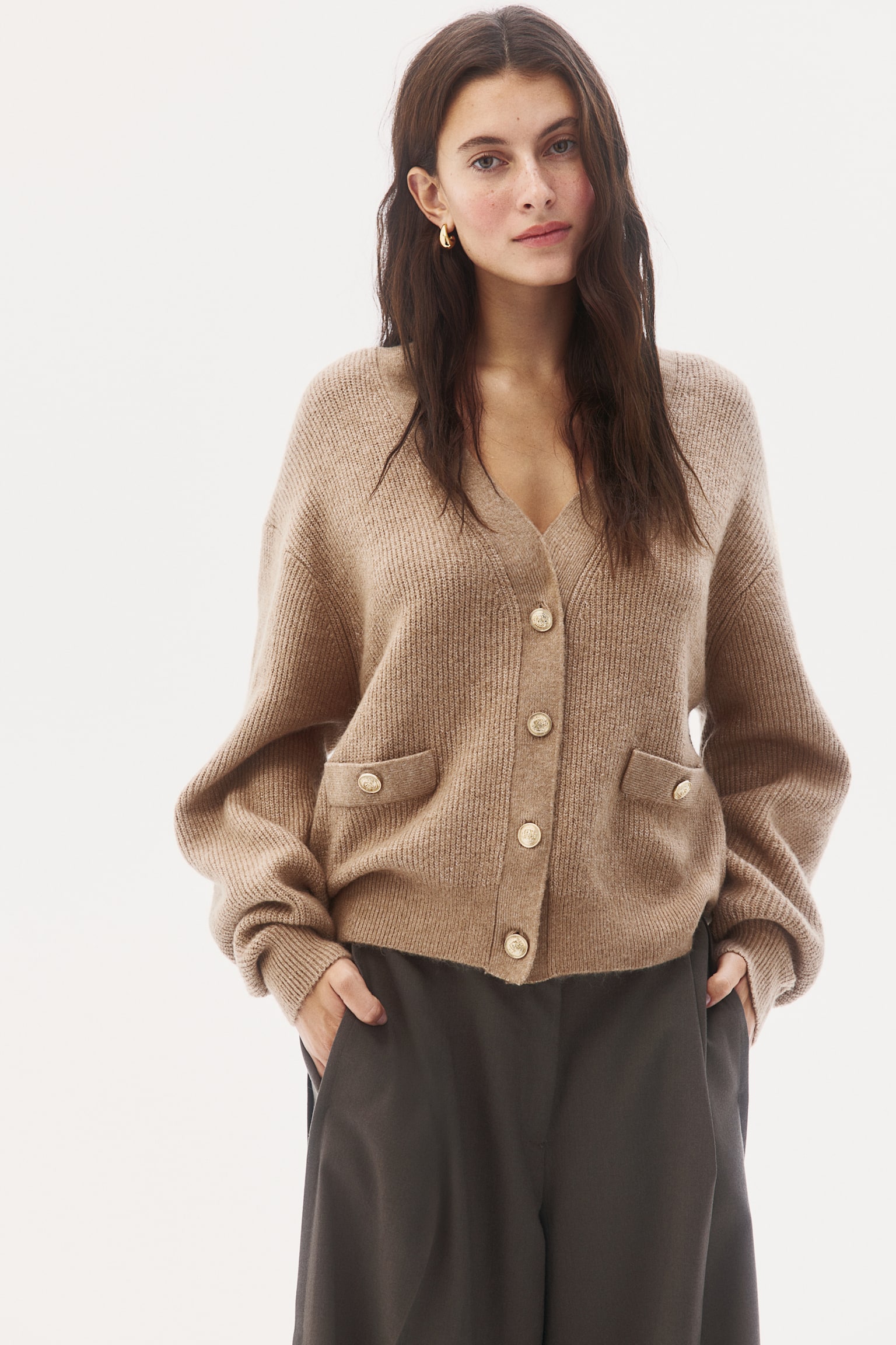 Rib-knit cardigan - Beige/Black/Dark grey marl - 1