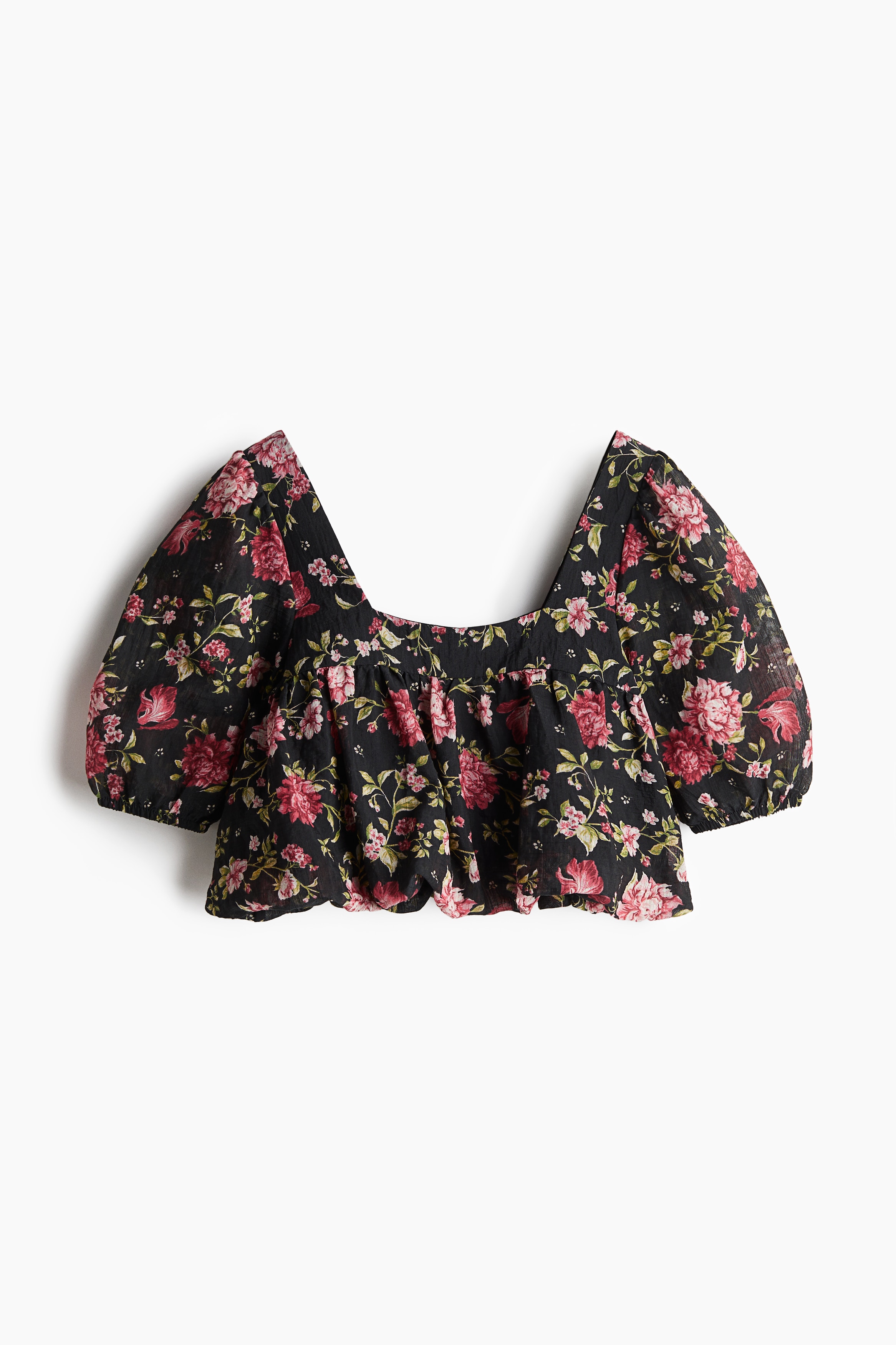 Puffig blus med mönster - Svart/Blommig