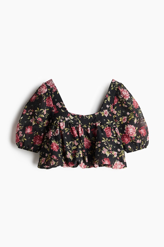 Patterned Bubble-Hem Blouse - Black/floral - 1