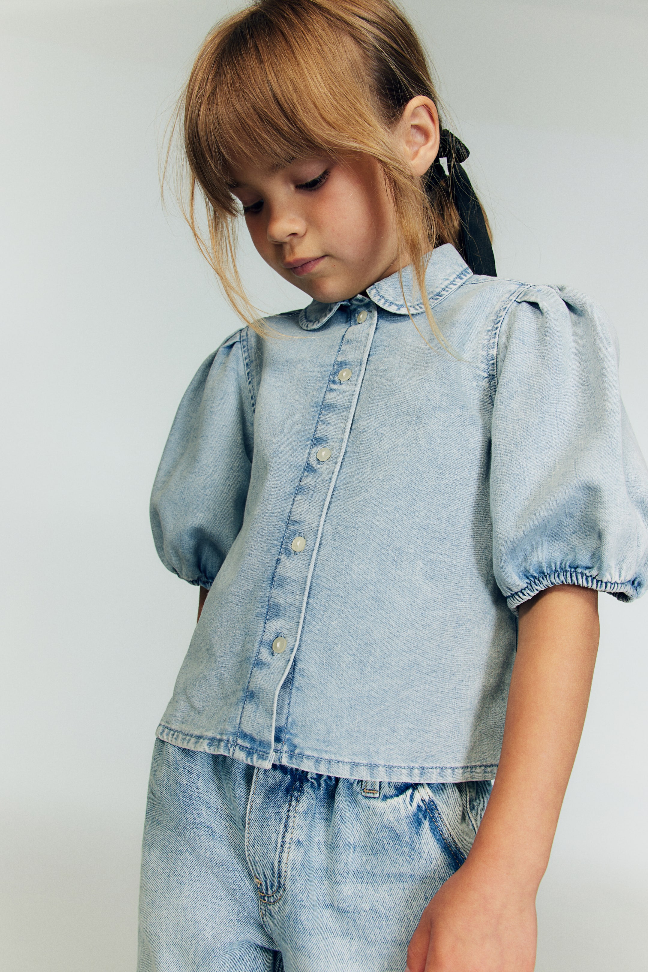 Puff-sleeved Denim Blouse