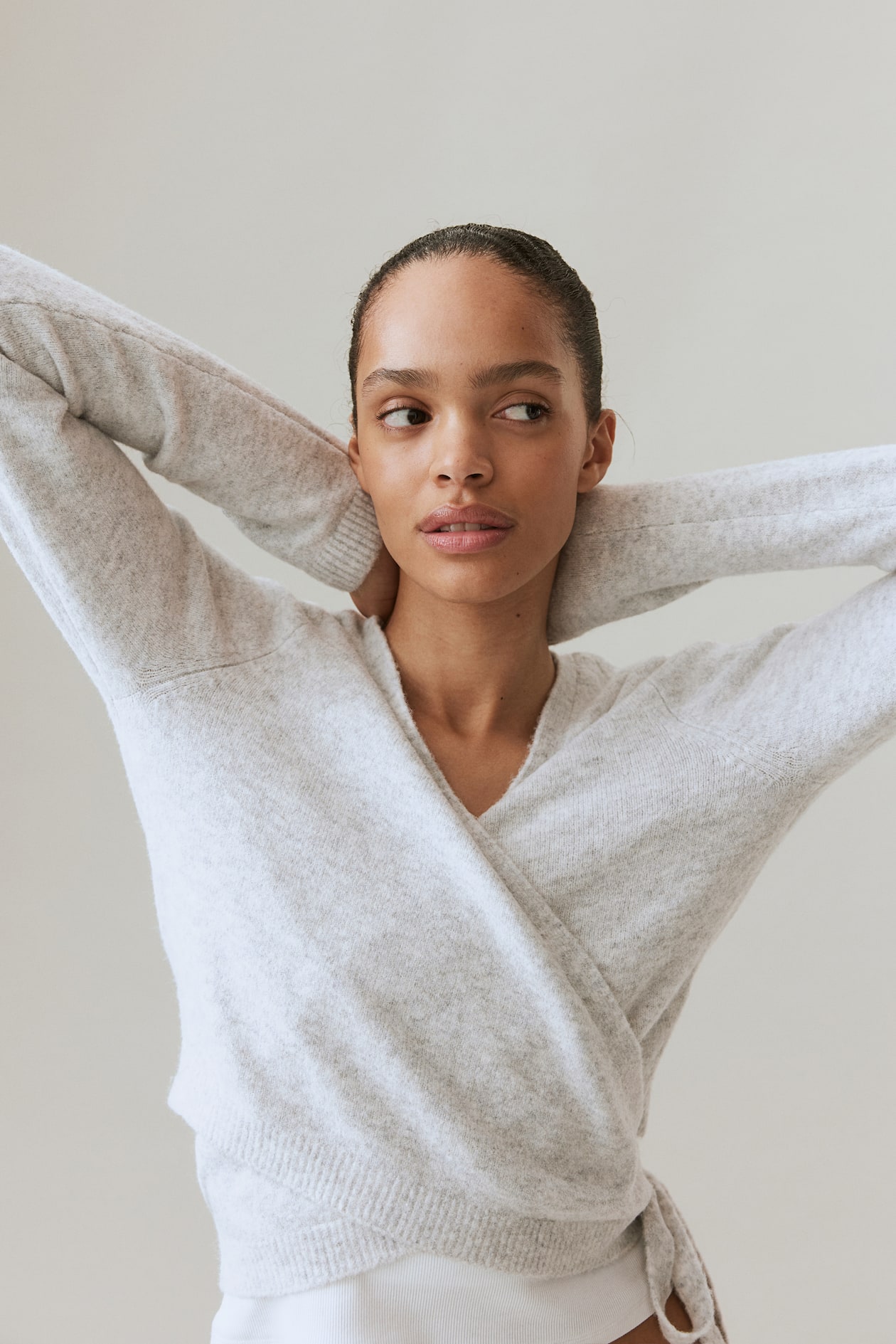 Fine-knit wrap cardigan Light grey marl Ladies H&M IE