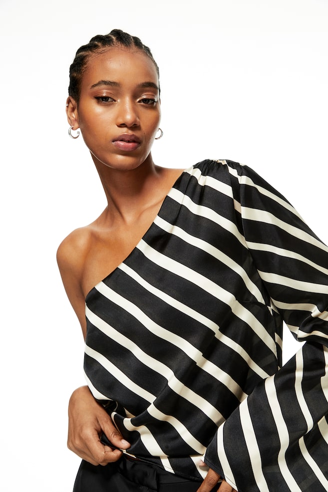 One-shoulder blouse - Black/Striped/Bright blue/Yellow - 1