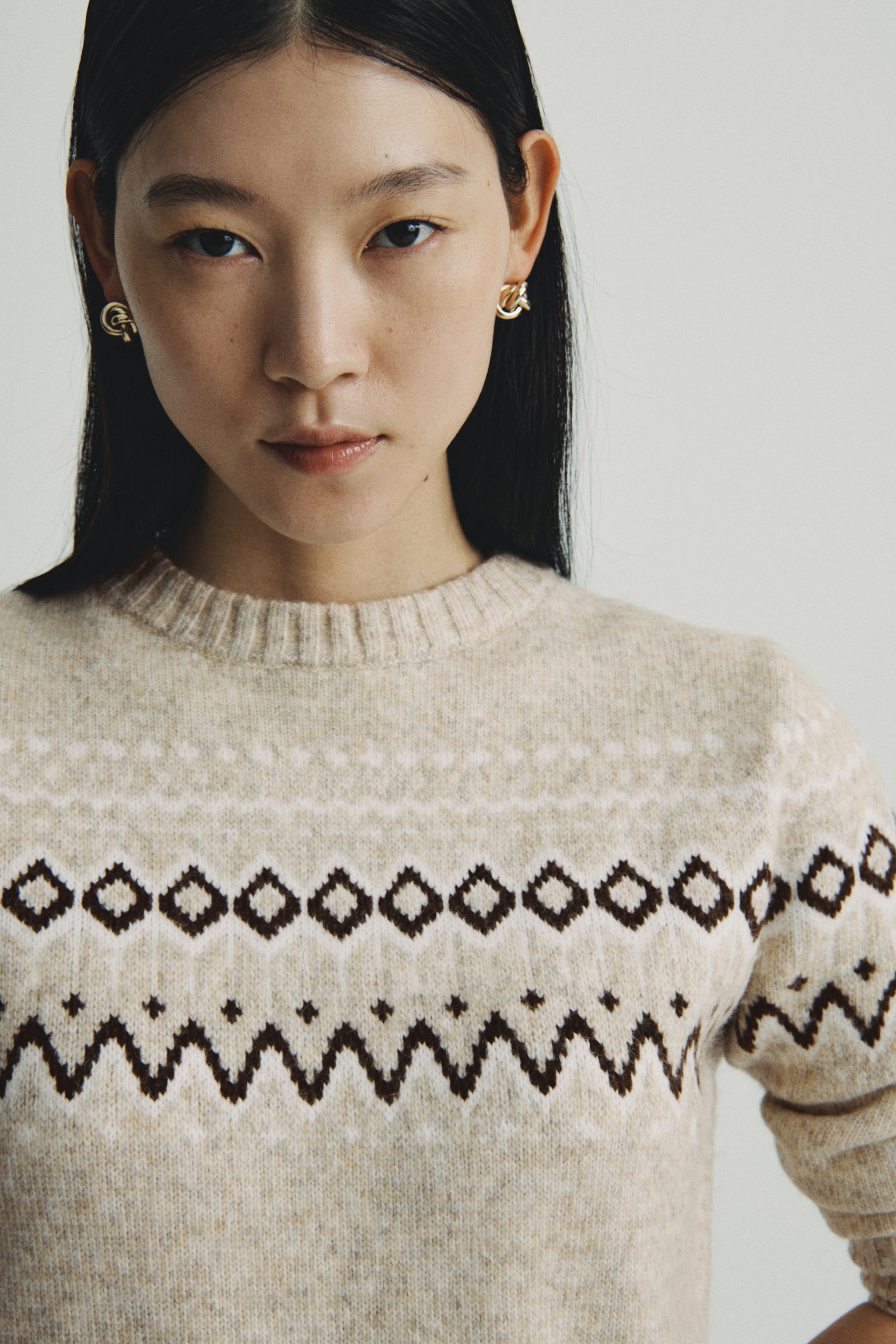 ジャカードニットセーター - ベージュメランジ／パターン - 6