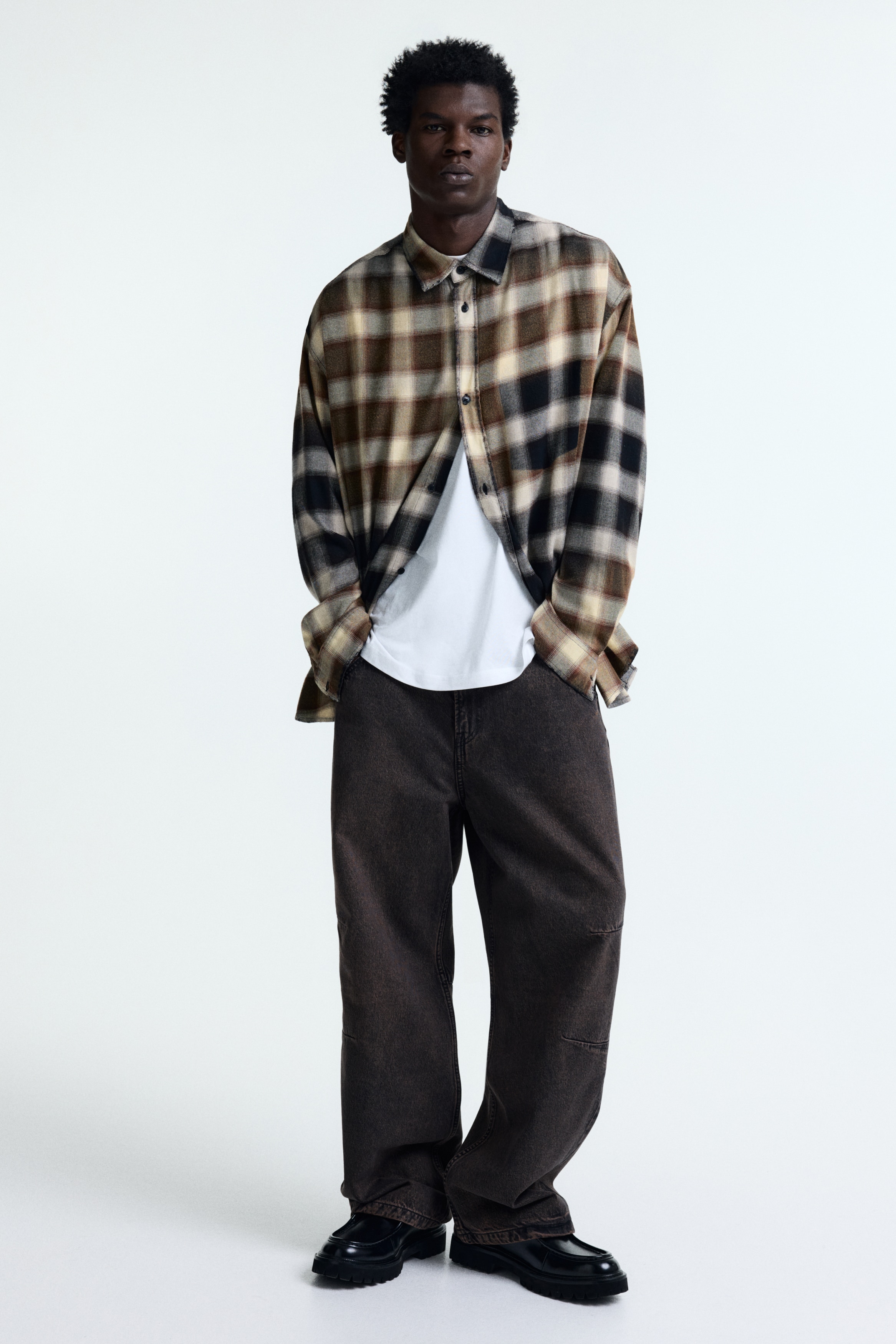 Áo sơ mi bằng cotton pha Relaxed Fit - Màu nâu đậm/Kẻ ca rô/Màu xanh dương/Kẻ ca rô