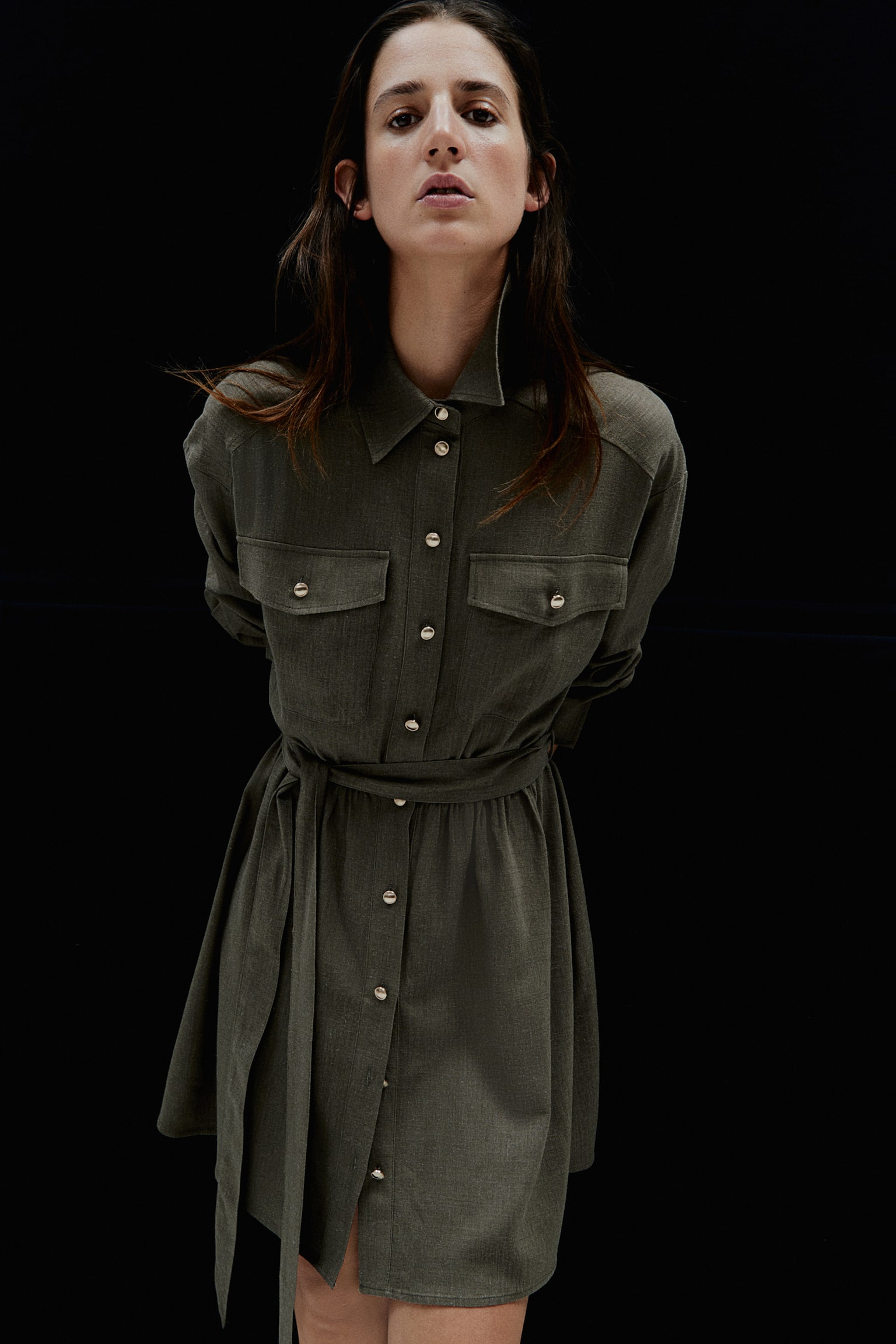 Linen Blend Shirt Dress - Dark khaki green - 1