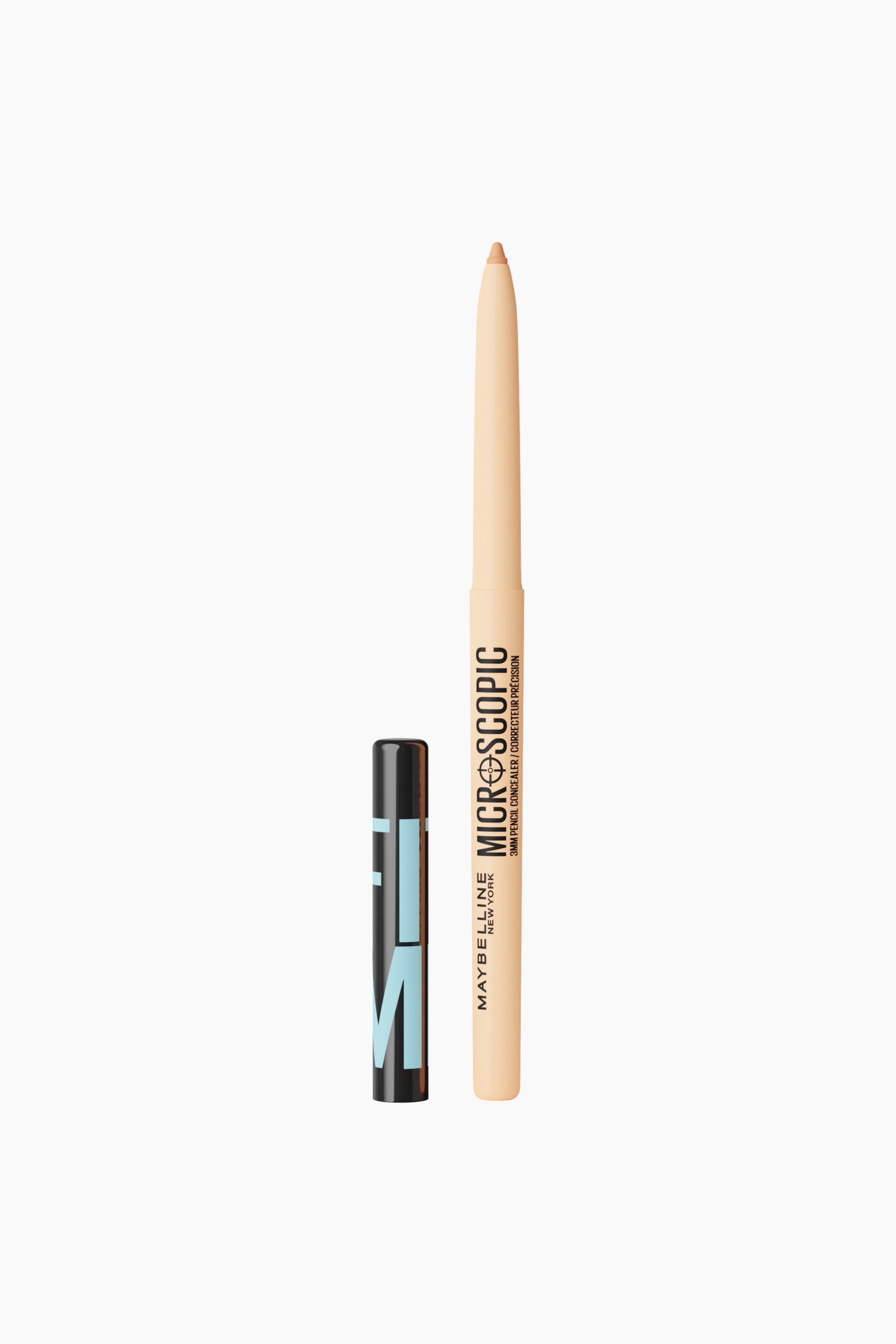 Größeres Bild ansehen: Ein nudefarbener Concealer in Stiftform steht senkrecht und zeigt seine feine 3-mm-Spitze sowie einen beigen Körper mit schwarzer Markenbeschriftung. Neben dem Stift steht aufrecht eine schwarze Kappe mit einer hellblauen Grafik.